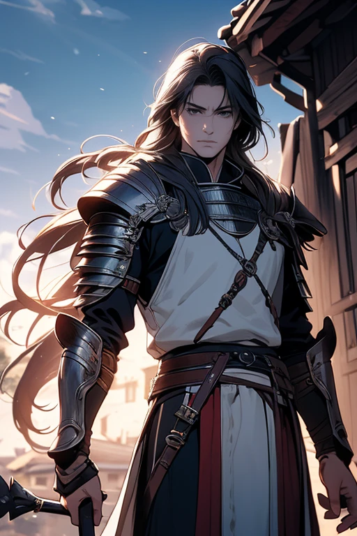 ((Solo)), (Male), Red Eyes, Raven Hair, Long Hair Braided, Close-up of Man with Spear in Village, Peaceful Village, Suburb, Detailed Anime Art, Casimir Art, Masamune Shirow, Masamune, Handsome Guy in Medieval Druid Art, Heise Jinyao, Shadowverse Style, (No Logos), Detailed Knight Armor, Eye Reflection, Depth of Field, Cinematic Lighting, Ray Tracing, Depth of Field, Cinematic Lighting, Ray Tracing, UHD, High Detail, Best Quality, High Definition, High Quality, Awards, Super Detail, Masterpiece, 8k, UHD, High Detail, Best Quality, High Definition, High Quality, Awards, Super Detail, Masterpiece, 8k