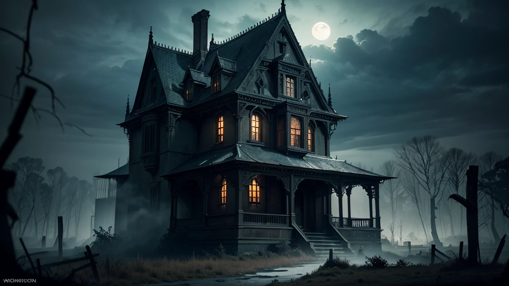 a haunted house, misty midnight moon background, dark gothic mansion, eerie atmosphere, moody lighting, moonlight shining through clouds, mysterious shadows, cracked and weathered walls, overgrown vines, ornate architectural details, cobwebs, (best quality,4k,8k,highres,masterpiece:1.2),ultra-detailed,(realistic,photorealistic,photo-realistic:1.37),dark fantasy, cinematic composition, dramatic lighting, dramatic shadows, moody colors, muted tones, cool tones