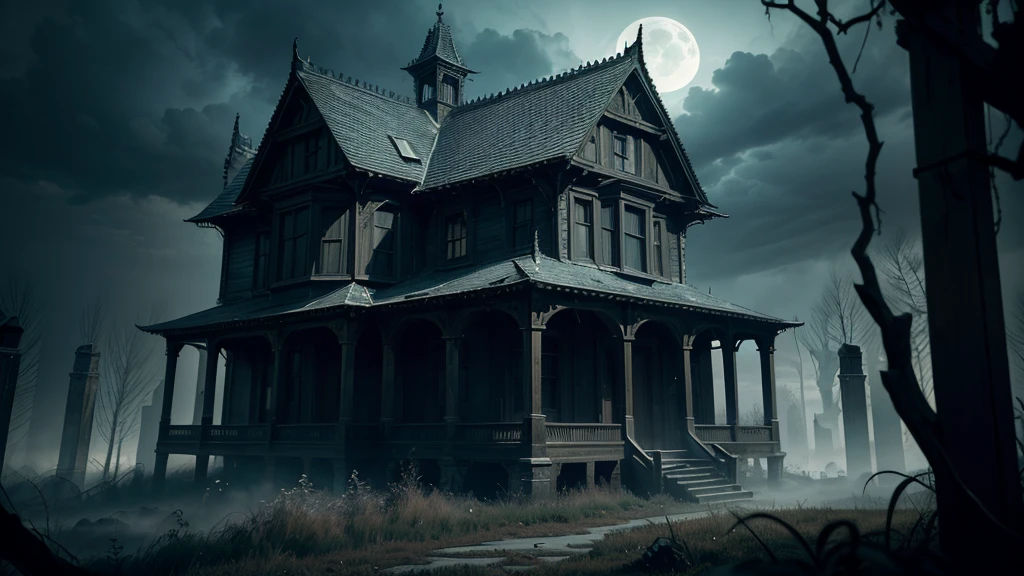 a haunted house, misty midnight moon background, dark gothic mansion, eerie atmosphere, moody lighting, moonlight shining through clouds, mysterious shadows, cracked and weathered walls, overgrown vines, ornate architectural details, cobwebs, (best quality,4k,8k,highres,masterpiece:1.2),ultra-detailed,(realistic,photorealistic,photo-realistic:1.37),dark fantasy, cinematic composition, dramatic lighting, dramatic shadows, moody colors, muted tones, cool tones