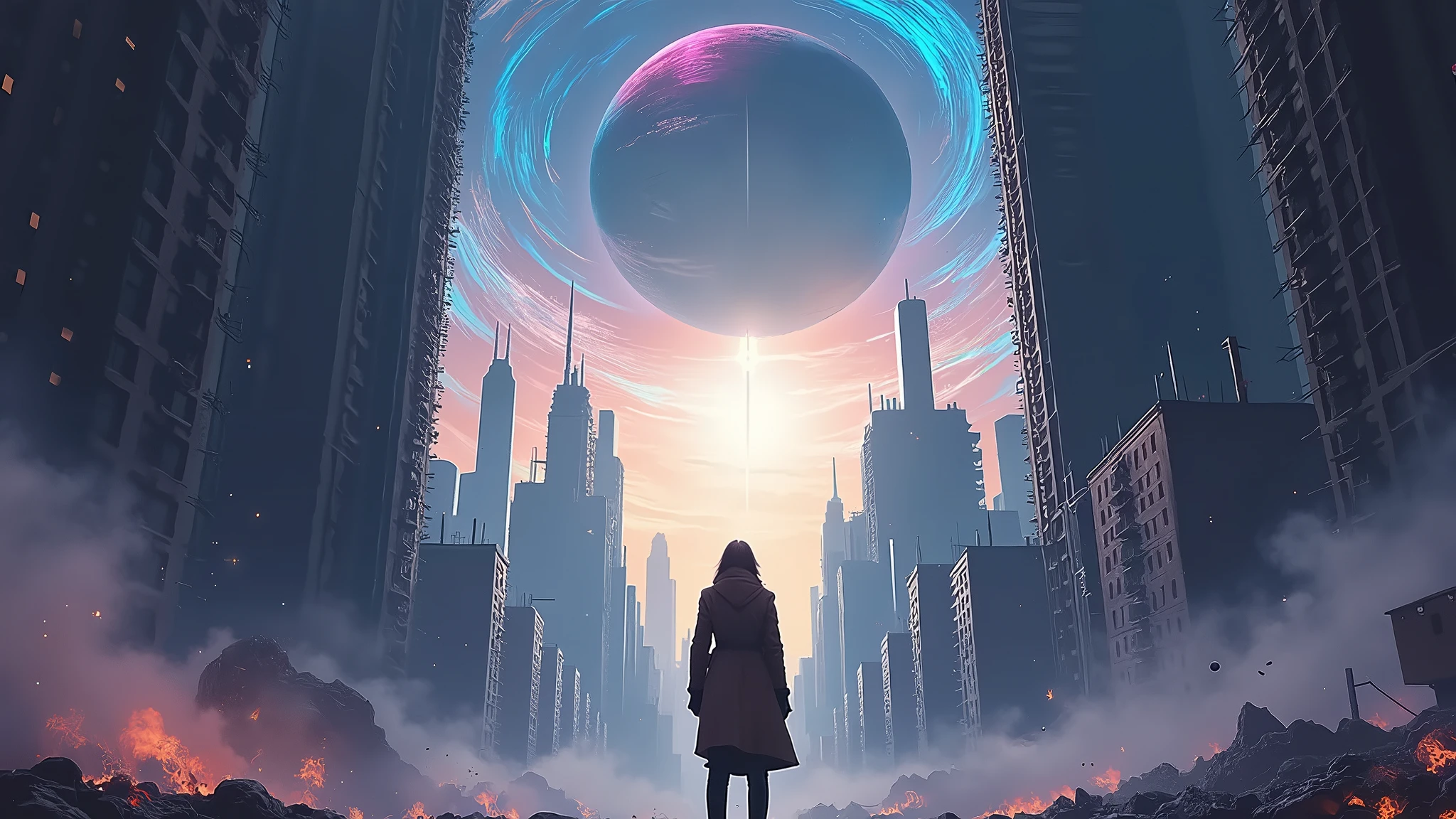 Futuristic city with a woman standing in front of a huge object - SeaArt AI