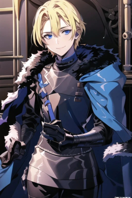 masterpiece, best quality, post timeskip, 1girl, solo, female focus, looking at viewer, modest clothes, , genderswap, dimitri_blaiddyd, blonde hair, blue eyes, kind smile,