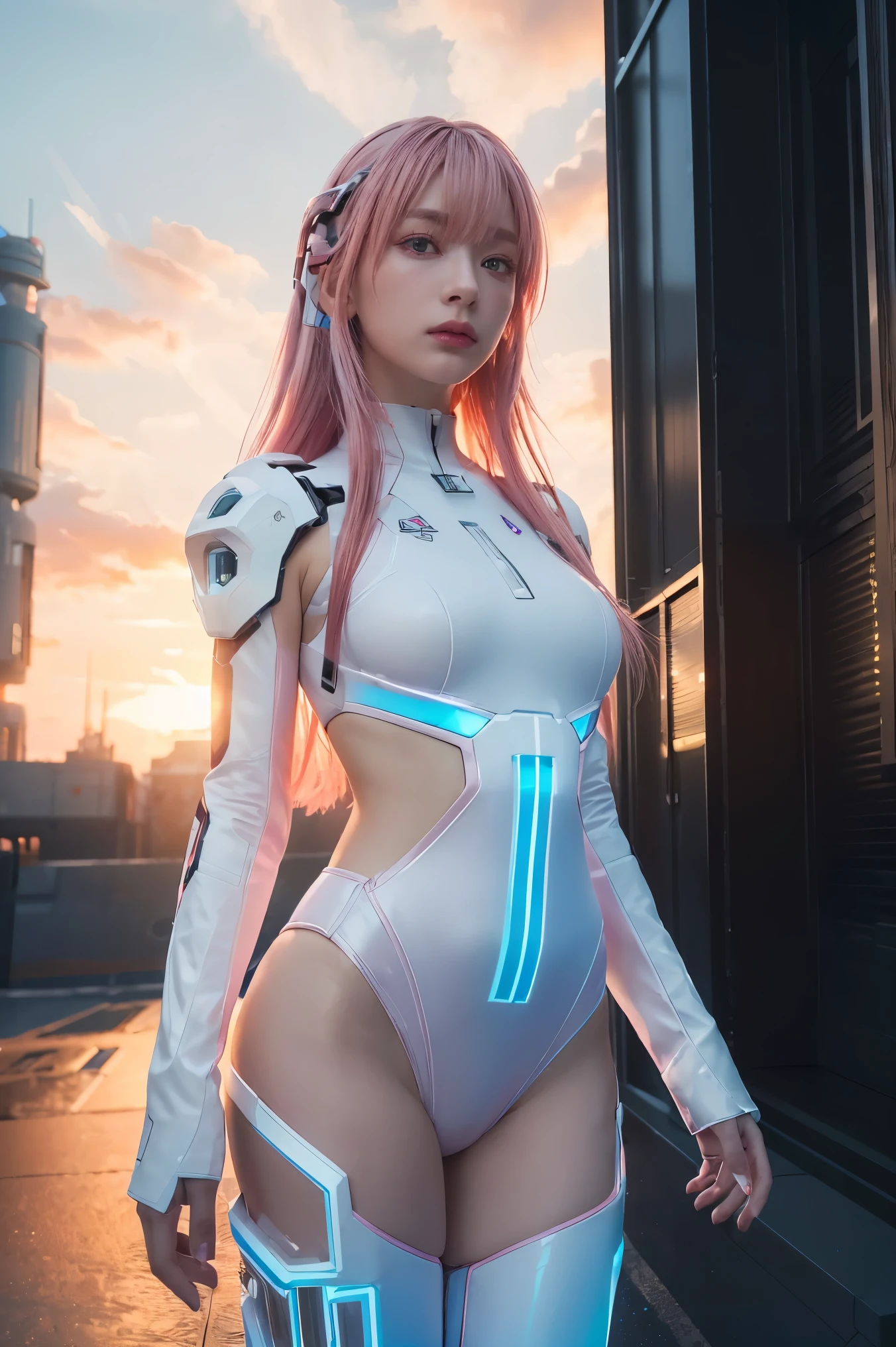 ((masterpiece, best quality, extremely detailed), volumetric lighting, ambient occlusion, colorful, glowing), 
1girl, solo, young girl, (pink hair), long hair, halo, aura, sacred, godness, cyber suit, android, bot, 
outdoors, sunset, sky, clouds, space, (cyberpunk theme:1.2),