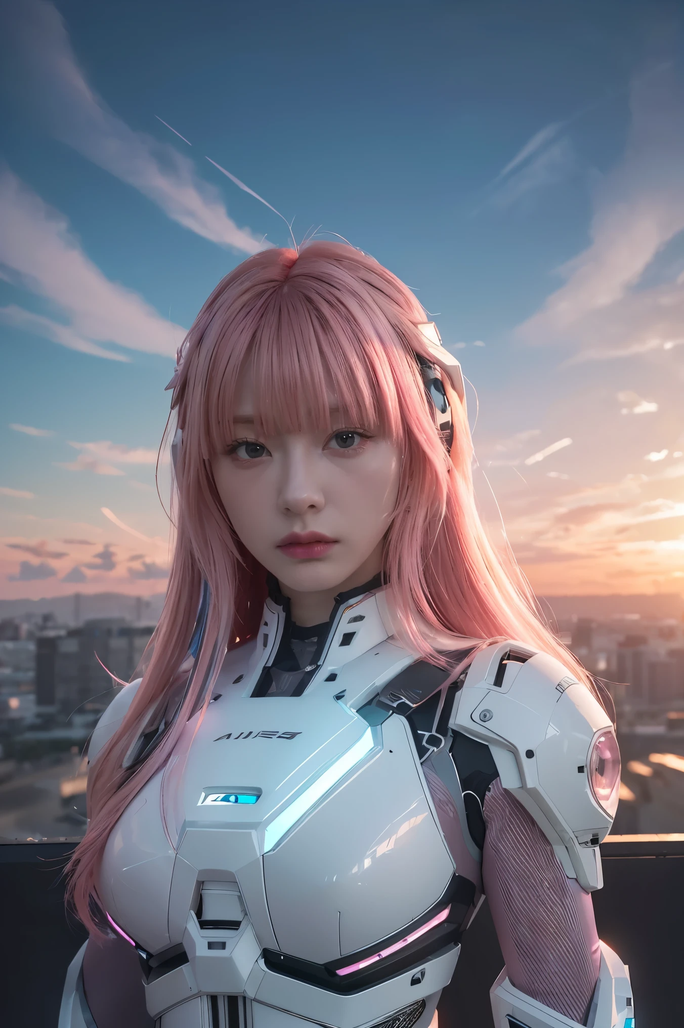 ((masterpiece, best quality, extremely detailed), volumetric lighting, ambient occlusion, colorful, glowing), 
1girl, solo, young girl, (pink hair), long hair, halo, aura, sacred, godness, cyber suit, android, bot, 
outdoors, sunset, sky, clouds, space, (cyberpunk theme:1.2),