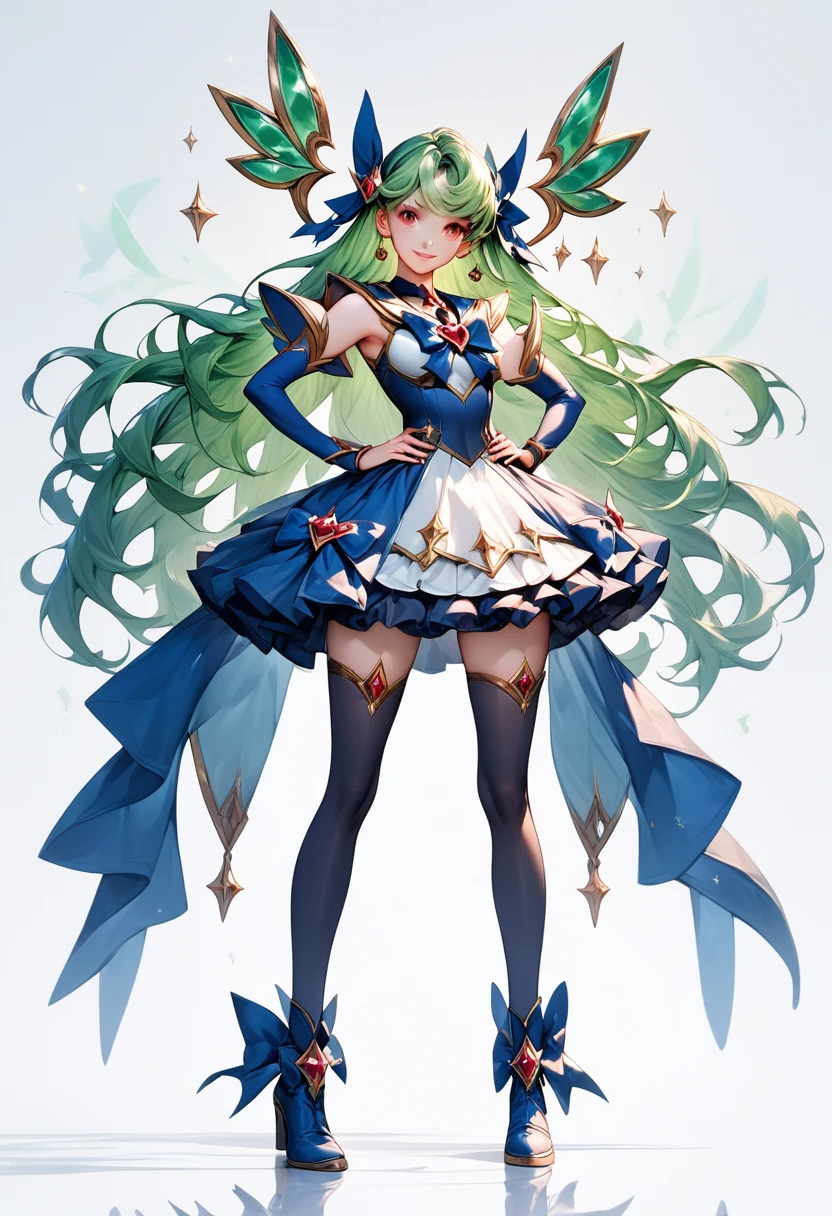 best quality, amazing quality, very aesthetic, absurdres, 1girl, magiaazure, green hair, long hair, red eyes, hair ornament, blue boots, bow, dress, blue elbow gloves, thighhighs, magical girl, hands on hips, standing, full body, smile, looking at viewer, solo,school background, 