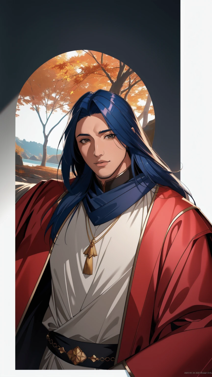 solo focus, (FE10-Style, Halfbody, No Frames:1.1), simple background, dark blue hair, slim face, red eyes, red and brown clothing, headband, shoulder lengthhair, male, teen, young teen, cape, Assassin, simple tunic