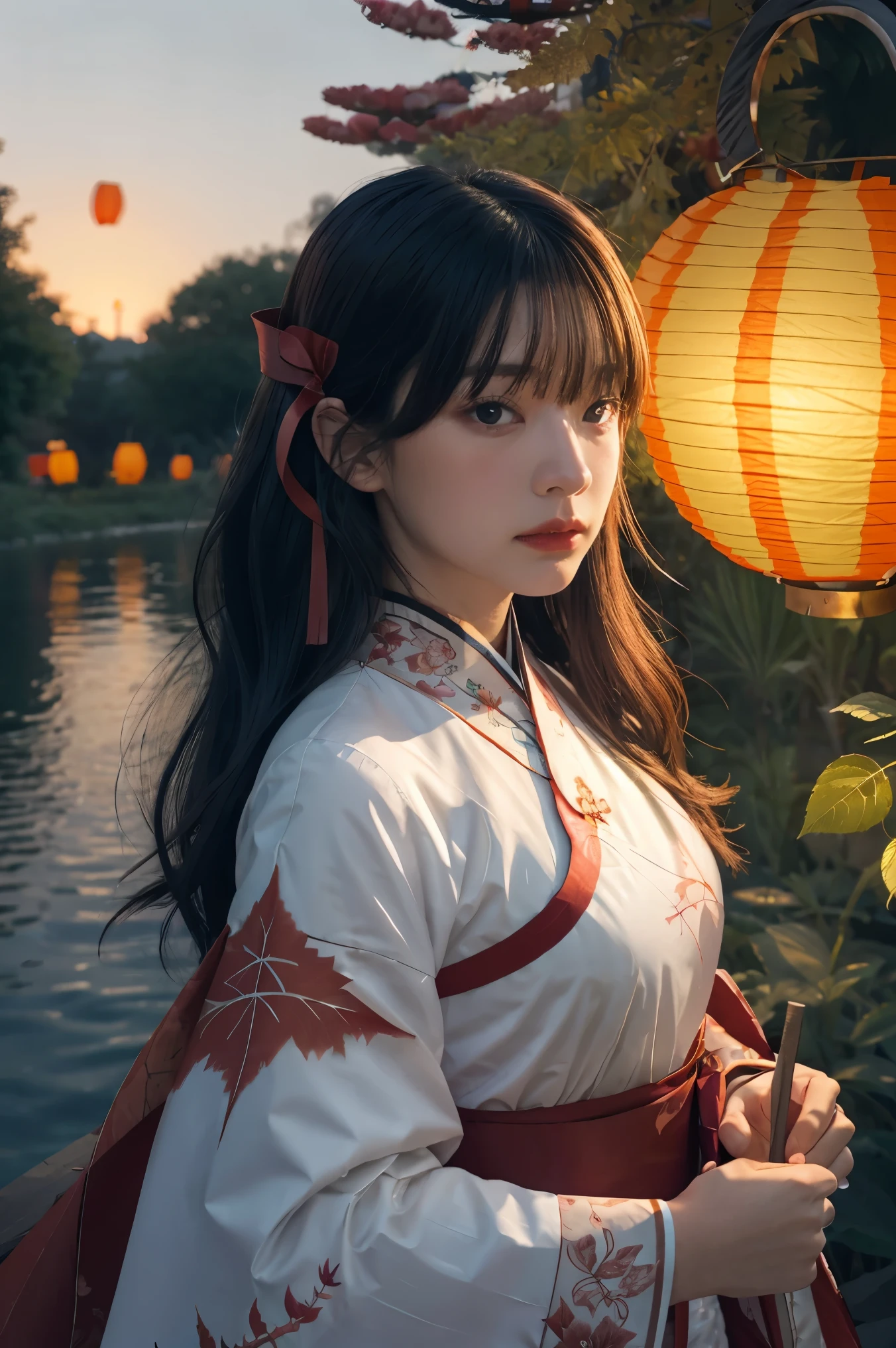 official art, unity 8k wallpaper, ultra detailed, beautiful and aesthetic, masterpiece, best quality, (Fire, water, ribbon, paper cutting), (fractal art:1.3) 1girl,building, (solo:1.5), chinese_clothes, sky, outdoors, wide_sleeves, black_hair, sunset, (falling_leaves:1.2), antern, (paper_lantern:1.5),blue sky, (outdoors:1.5),hanfu, (rainbow-candy:0.8), (style-swirlmagic:0.8),