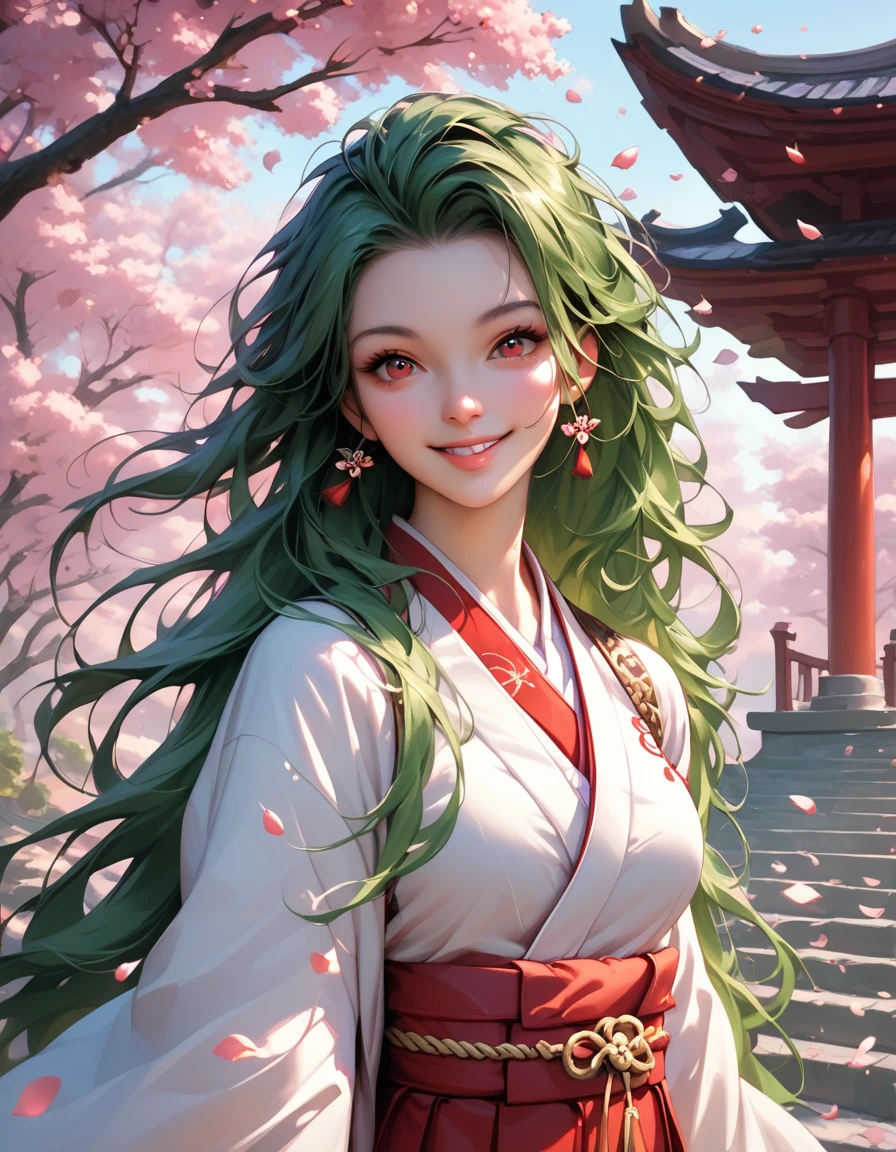 best quality, amazing quality, very aesthetic, absurdres, 1girl, minakamisayo, green hair, long hair, red eyes, red hakama, white kimono, japanese clothes, miko, smile, solo, looking at viewer, outdoors, cheerry trees, blossoms, cherry petals floating, japanese temple background 