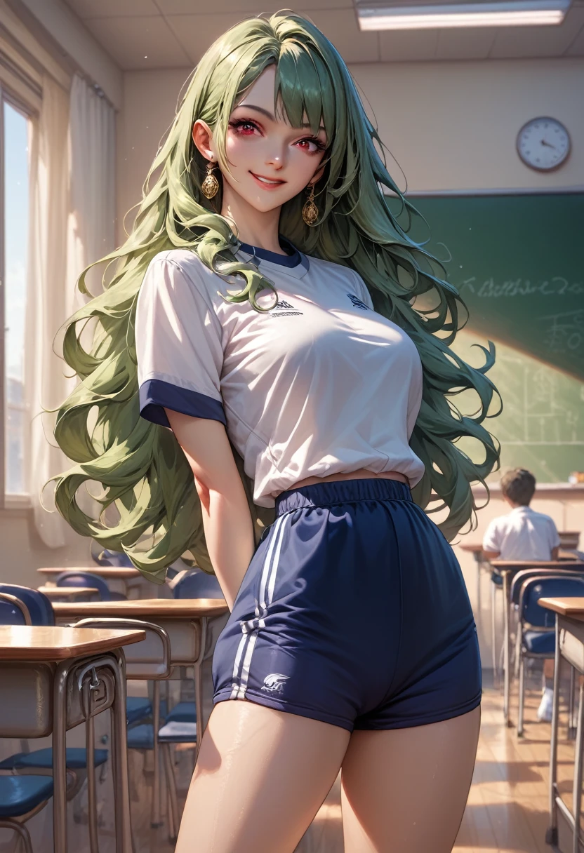 best quality, amazing quality, very aesthetic, absurdres, 1girl, minakamisayo, green hair, long hair, red eyes, blue shorts, short sleeves, socks, white shirt, gym uniform, standing, arms behind back, smile, solo, looking at viewer, indoors, classroom, classroom background 