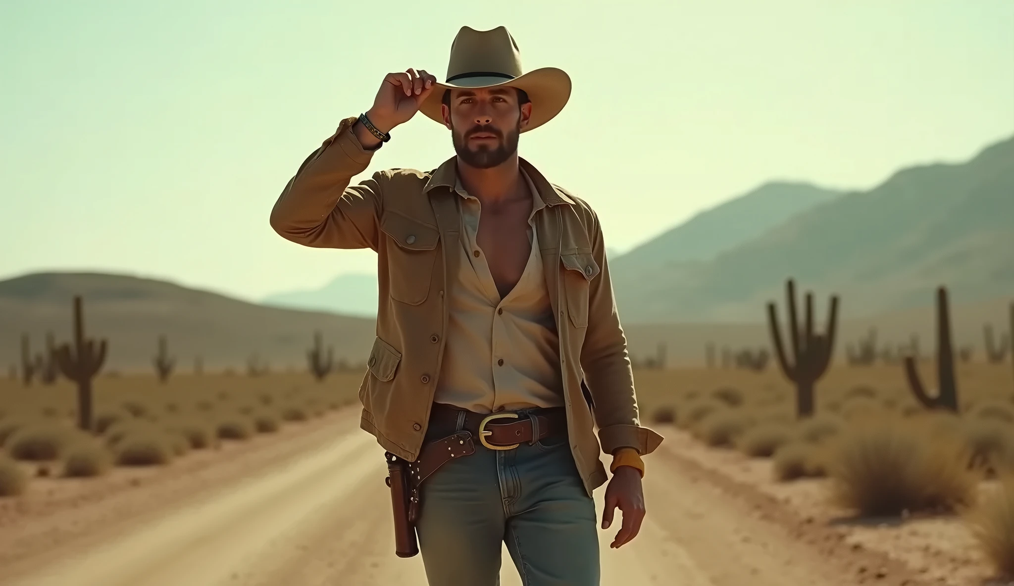 ((masterpiece)), ((best quality:1.2)), High Resolution, 8k, (ultra_realistic:1.3), (photorealistic:1.4), sharp focus,  1boy, (perfect face), cowboy ,   handsome sexy ,abs,  latex string thong , shirtless , mask scarf , cowboy hat , gloves, boots, ammunition belt, desert environment , nsfw. ,eroticism , big fat ass , you sexy bitch

