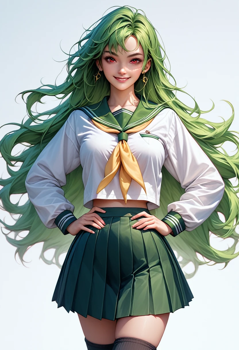 best quality, amazing quality, very aesthetic, absurdres, 1girl, minakamisayo, green hair, long hair, red eyes, white shirt, green sailor collar, green pleated skirt, long sleeves, yellow neckerchief, school uniform, serafuku, black socks, loafers, hands on hips, standing, smile, looking at viewer, solo, school background, white background 