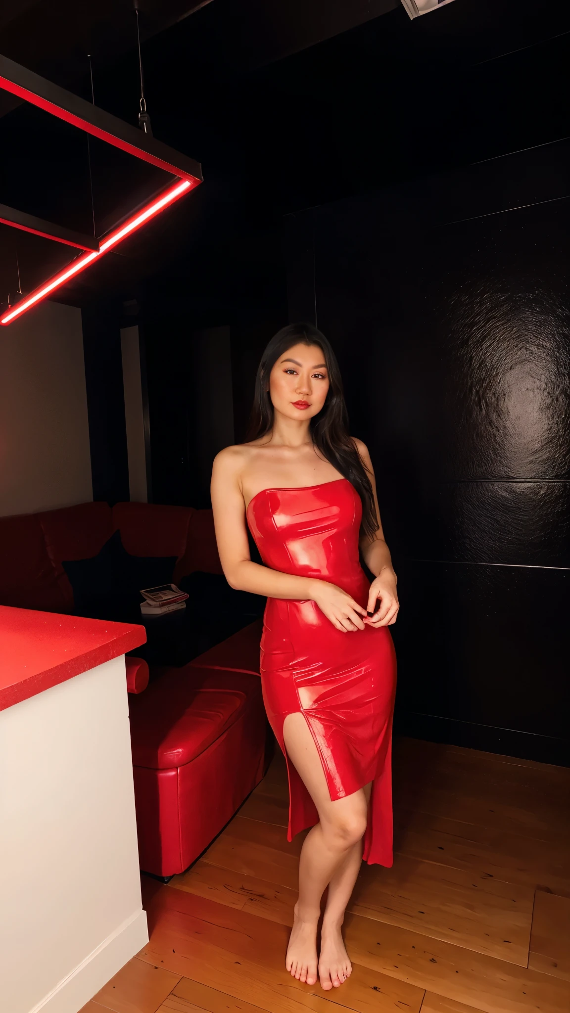 asian woman posing as succubus, (detailed face),dark theme, - Dark Cave, red lights, red skin, bright lights, succubus, Bat wings: 1.3, fit, Toned, curved, dark leather dress with glowing red inlays: 1.1, leather dress: 1.3, leather clothes: 1.3, cocktail dress: 1.3, beautiful hands: 1.3, layer, hot dress, red dress, barefoot, Beautiful foot, delicate foot, (((standing))), (((topless)))