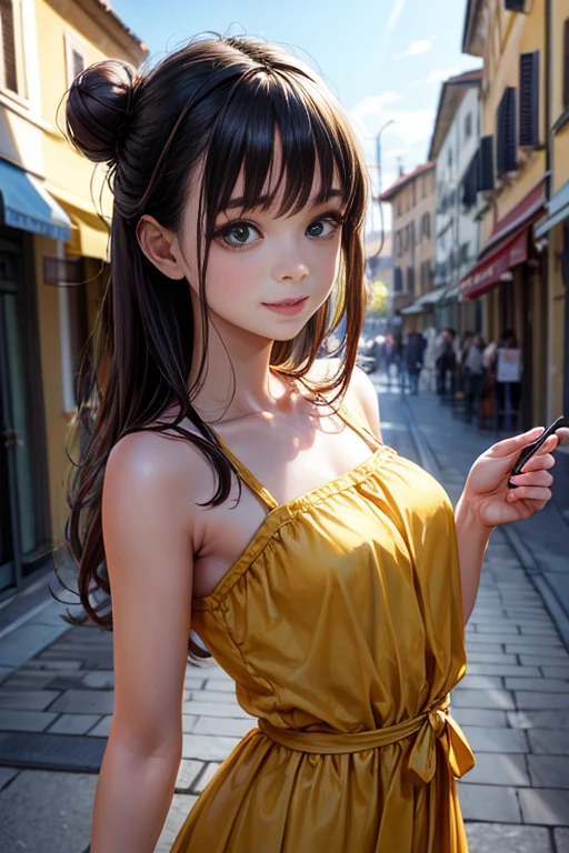(masterpiece:1.3、Highest quality)、Ultra-high resolution、Super detailed、(Real、Photorealistic:1.4)、Beautiful illustrations、Perfect lighting、colorful、The depth of the boundary is written、Watching the viewer、(Face focus、Upper Body)、1 person、One person、high school girl、Sculpture model、、(Gold glitter micro mini dress、Gold glitter silk camisole dress、A dazzling golden dress、A dress with a large opening that exposes the breasts、Beautiful breasts、Beautiful thighs)、(Beautiful breasts:0.8、delicate、slim、、Beautiful thighs)、(Black long hair、Black straight long hair、Golden Hair Band)、bangs、編み込みbangs、Droopy eyes、Open lips、Shiny skin、Beautiful Hair、Beautiful Face、Highly detailed face、Detailed and beautiful eyes、Beautiful clavicle、Beautiful body、Beautiful breasts、Beautiful thighs、Beautiful legs、Beautiful fingers、(Fine cloth texture、 (Captivating smile)、In front of the station