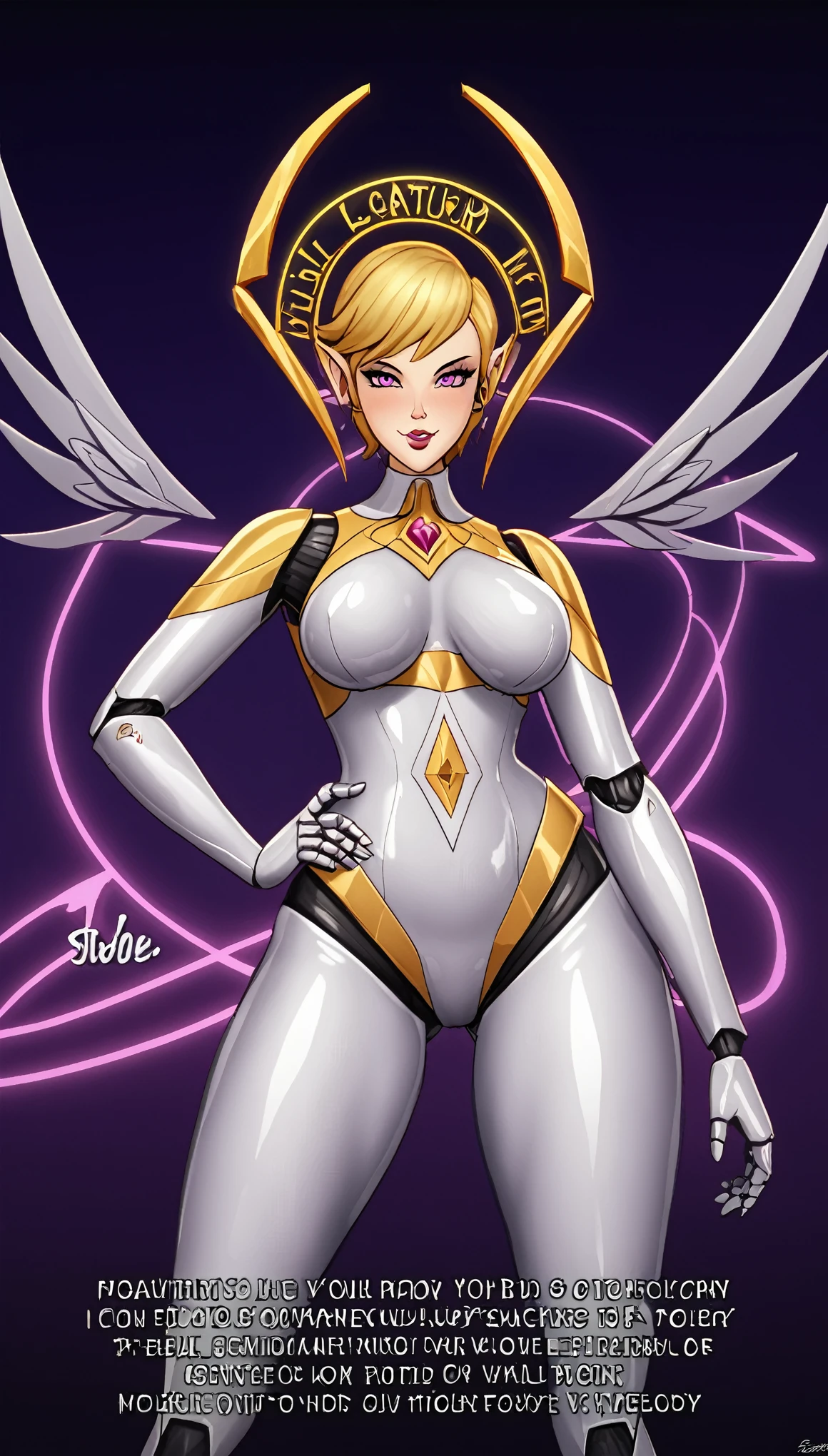 beautiful robot that is fusion of succubus and fallen angel, with beautiful form, wearing white and gold shiny bodysuit with fine lines seven-color neon light diagram pattern, superlative body proportion, background huge room with analyzers, labs, shading effects, gradation magic effects, foggy filter effects, glitter effects, (ultra detailed, absolutely resolution, best quality:1.3), 2.5D, delicate and dynamic, artistic photography, hyper realistic, graphic CG digital art