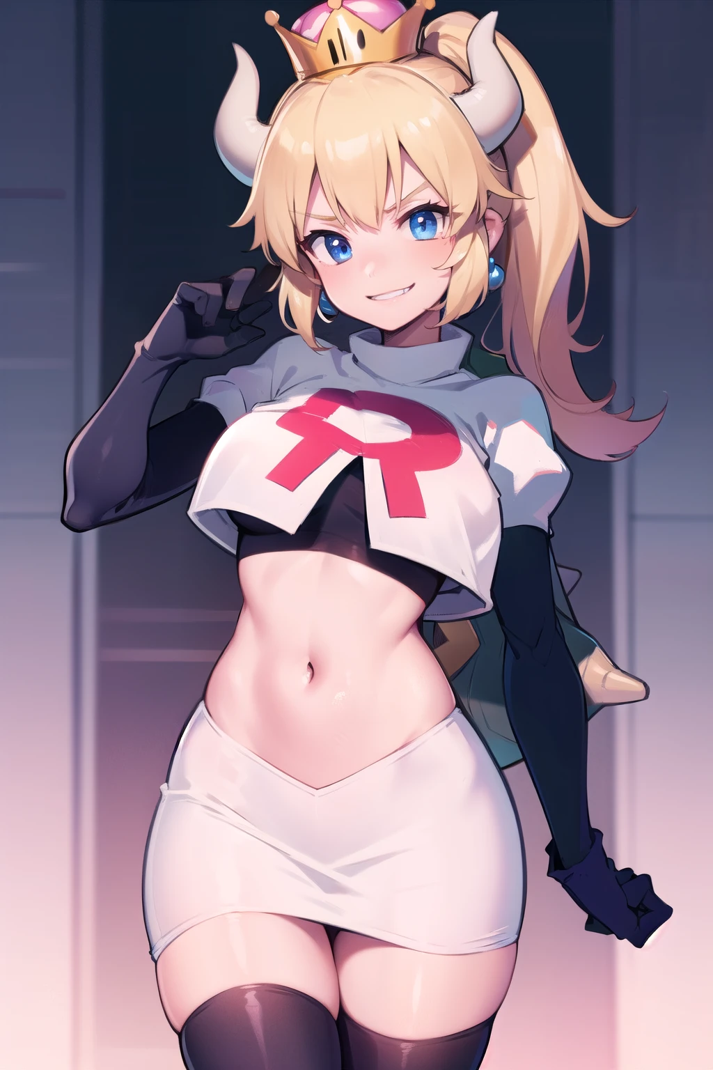 ((bowsette)), team rocket,team rocket uniform,white skirt,red letter R,crop top,black thigh-highs,black elbow gloves, evil smile, looking at viewer, cowboy shot,