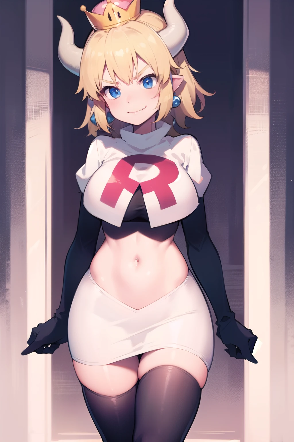 princess_peach, blonde hair ,earrings,team rocket,team rocket uniform, red letter R, white skirt,white crop top,black thigh-highs,black elbow gloves