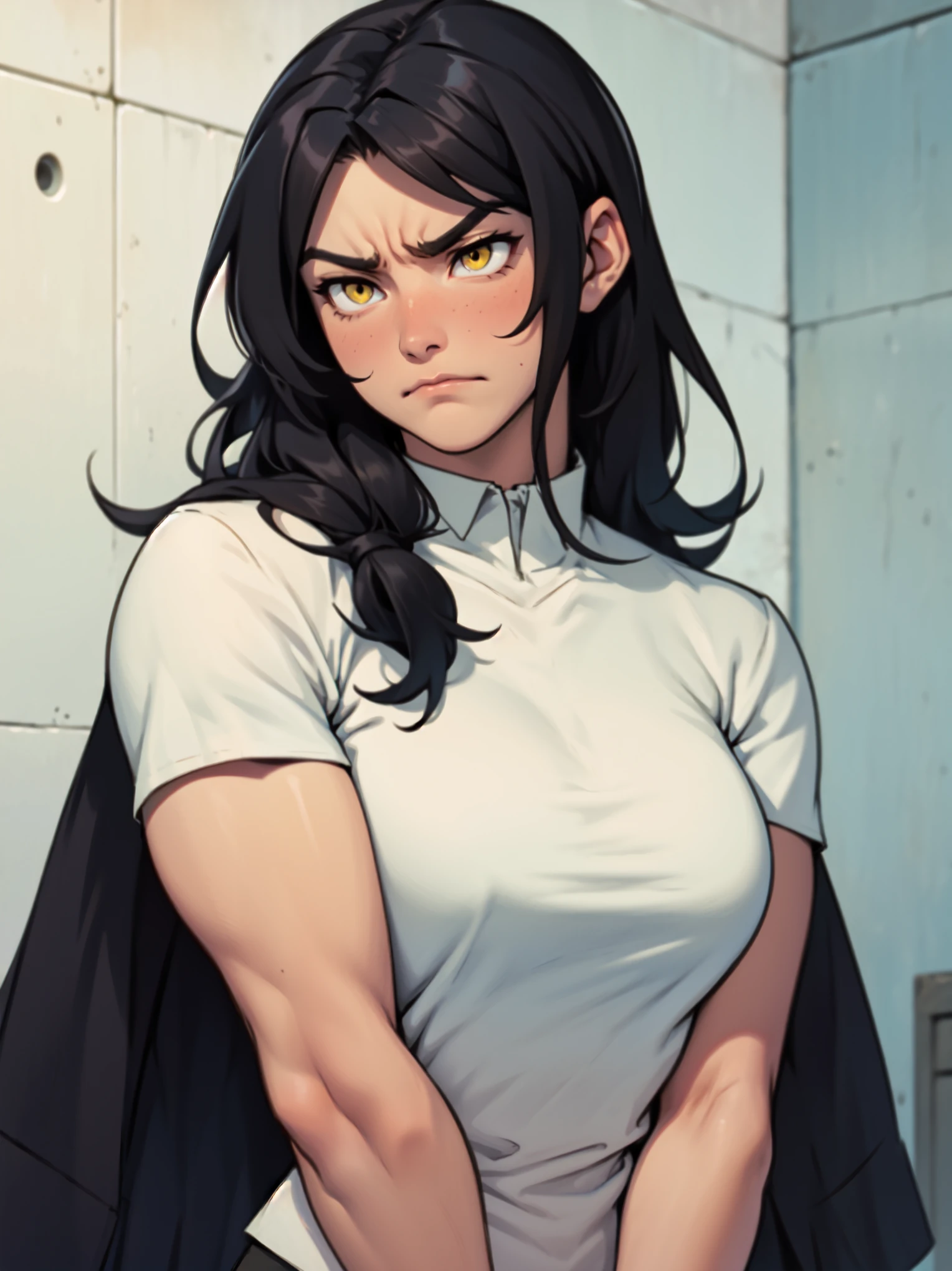 athletic build massive breasts pale skin black hair yellow eyes sad frown long hair