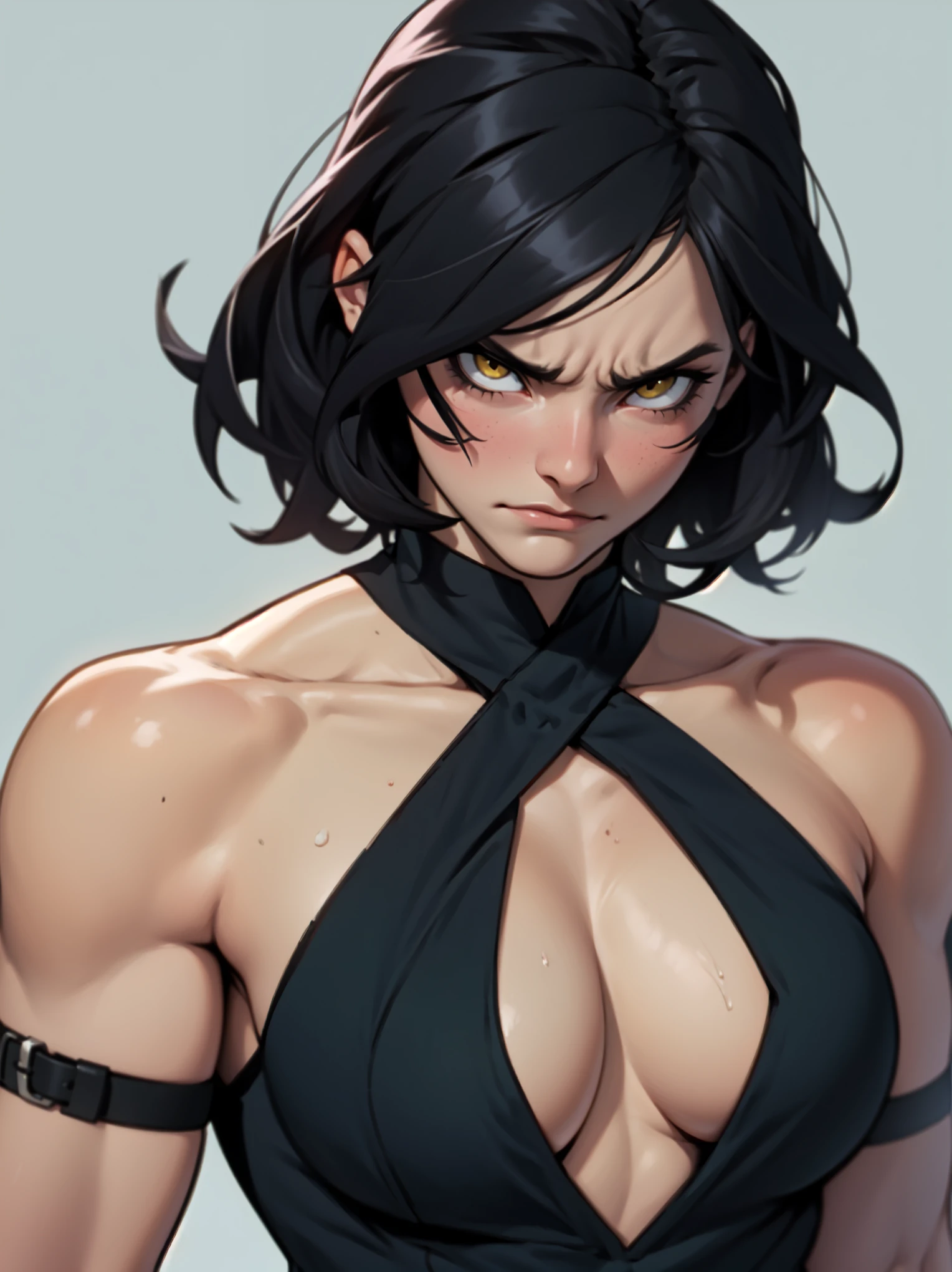 sad girl muscular muscular muscular breasts breasts breasts thick thick thick thick black hair yellow eyes pale skin pale skin thick thick thick long sleeve dark atmosphere thick thick thick thick thick thick muscular simple background sad sad sad sad girl tigth shirt