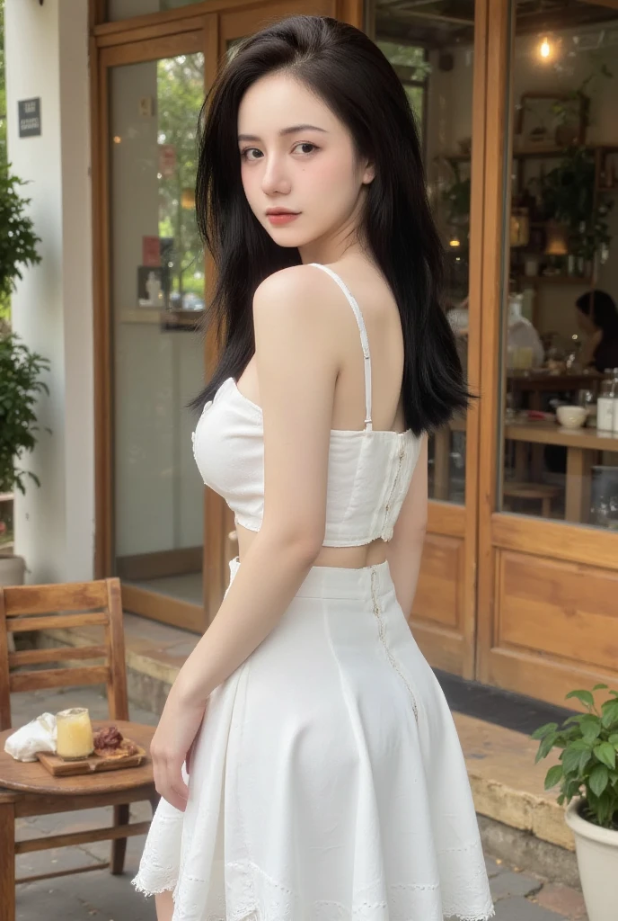 photography, Model photo shoot, Perfect body, Hips, Shot from behind, Denim shot of a beautiful Asian woman wearing a white off-shoulder shirt and white skirt standing outside a cafe, She is posing, She wears beautiful lipstick, Outdoor