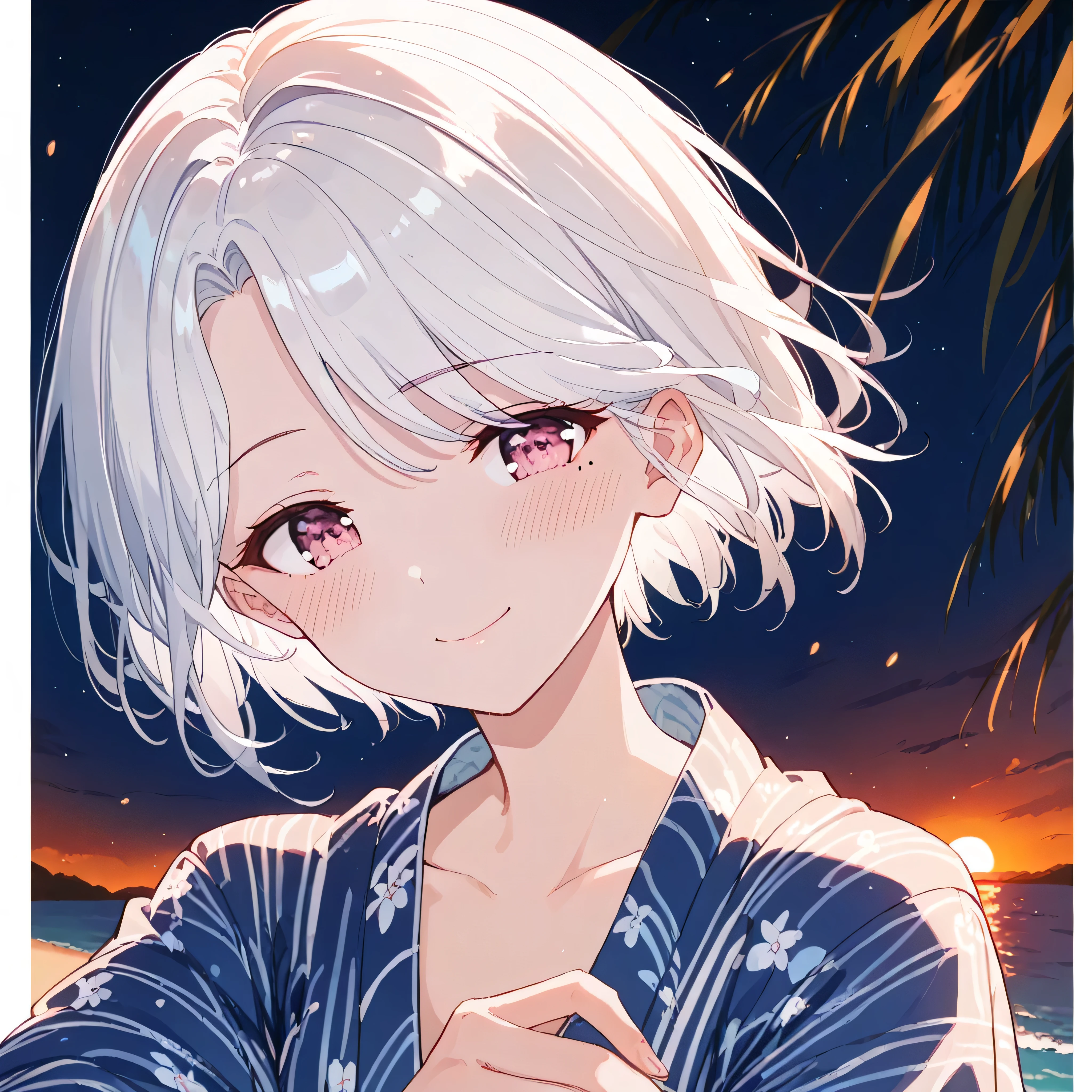 UN\(EOE\),one girl,solo,best quality, masterpiece, ,,break,1girl,(blur background,at night-time,dark sky,beach),,break, super detailed skin,very high resolution, very aesthetic,by famous artist, 8k, 16k,,beauty illustration,photoshop_(small)),(pink eyes:1.2),(white hair|Detailed hair|short hair|shiny hair|curtained hair),POV,(japanese yukata: brown and yellow),(mole under one eye),nervous smile, full-face blush, sleepy
