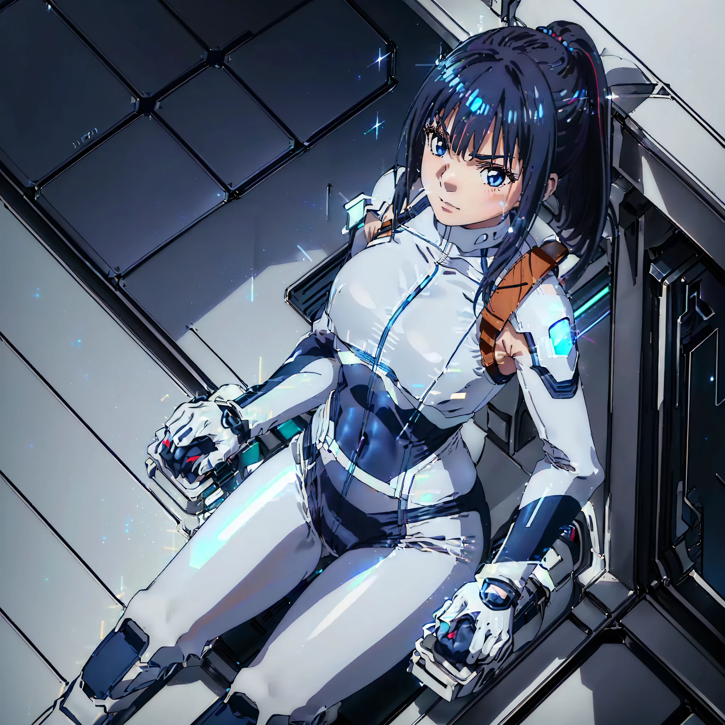 ((Holographic glow effect)),(masterpiece,Best Quality,Highest Resolution,Clear_image,Detailed details,The angle is from above): (solo,A girl alone,Japanese Faces,High knot ponytail,Dark blue hair girl,Small breasts,(Perfect body:1.4),Sparkling blue eyes,(White and navy blue pilot suit,White and navy blue zero suit,White and navy bodysuit,White and navy tight-fitting clothing,Wear full white and navy blue cover,White and navy thigh-covering pants,White and navy shoulder cover outfit,White and navy cropped jacket,White and navy shiny clothes,White and navy tight-fitting pants that hide the legs,Armor to hide the chest,Hide your shoulders),Very delicate and beautiful,Detailed Skin,Slim body,Exoskeleton,Cute,A gentle smile,Soft expression,heroine,White and navy blue long boots,Elbow-length gloves),Polished floor,inoue takina,