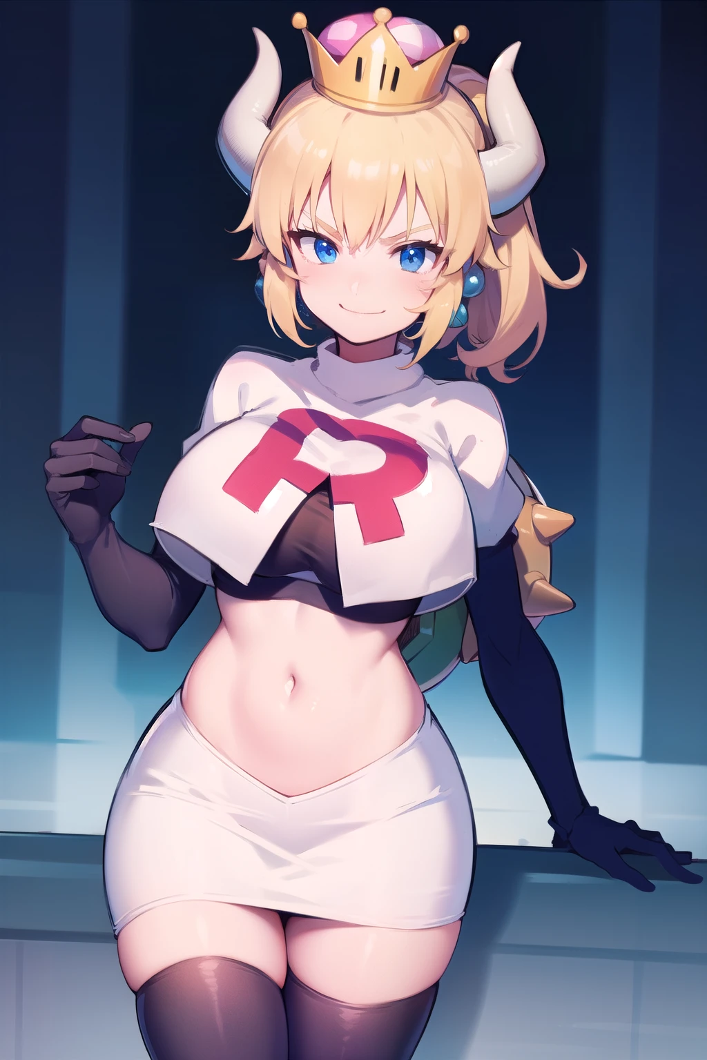 ((bowsette)) bright lips, team rocket uniform, red letter R, white skirt, white crop top, black thigh high boots, black elbow gloves, evil smile, looking at viewer, cowboy shot, salute