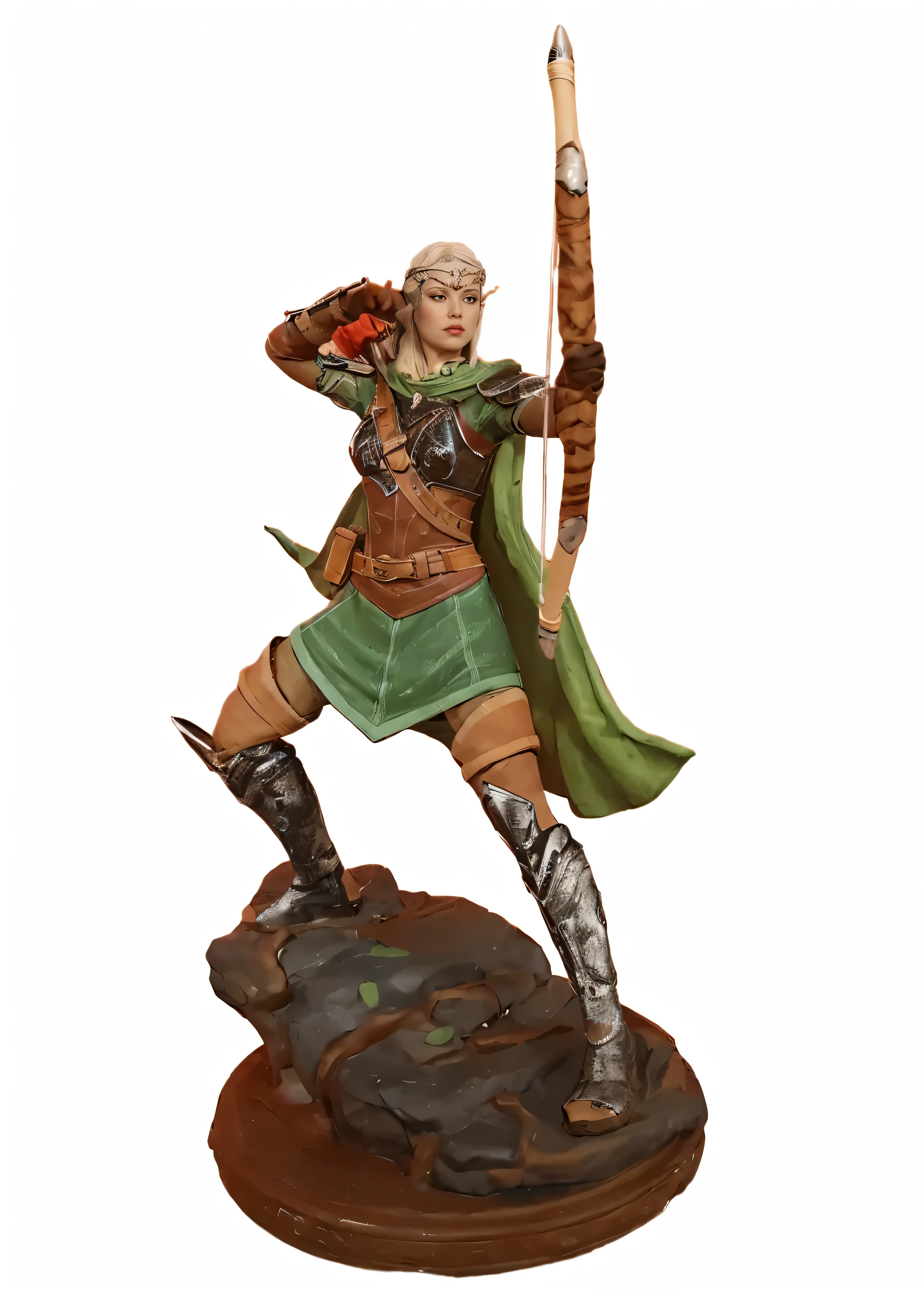 (master piece), panoramic view, full body view, with slightly flushed white skin, subtly contrasting with her long, silver hair. Her body was slender and athletic, with a height of 168cm that gave her a natural elegance. Her green eyes, conservatively detailed warrior outfit, holding the war bow with rune writing, Realism, best quality, UHD, retina, masterpiece, accurate, anatomically correct, textured skin, super detail, high details, high quality, award winning, best quality, highres, 1080P