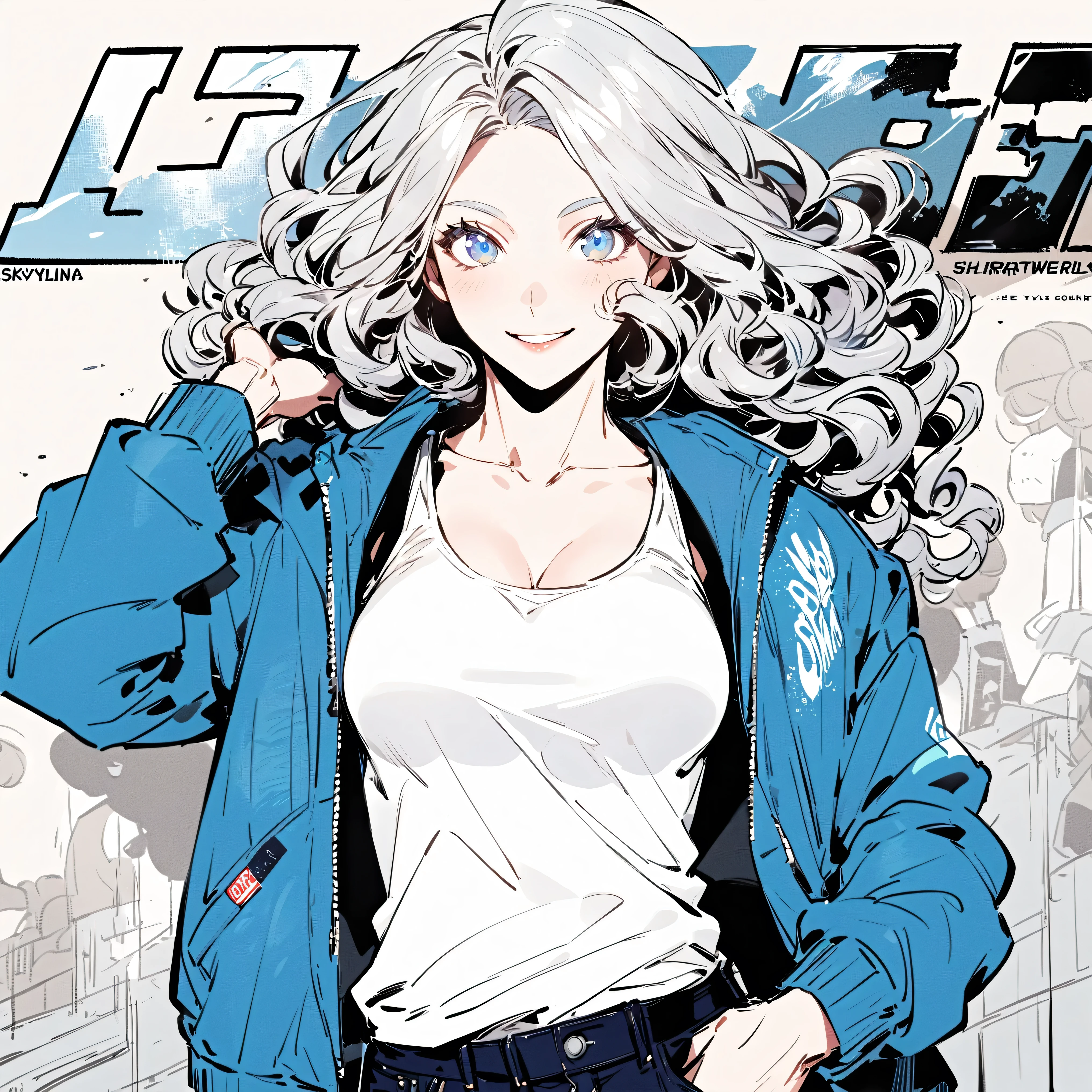 Skylina,18 young woman with long curly silver white hair, turquoise blue eyes, athletic build, muscular,casual streetwear style, she wearing red top tank, blue jacket , slim jeans,she smile, turquoise eyes,comics style, sketch, Manga Cover 