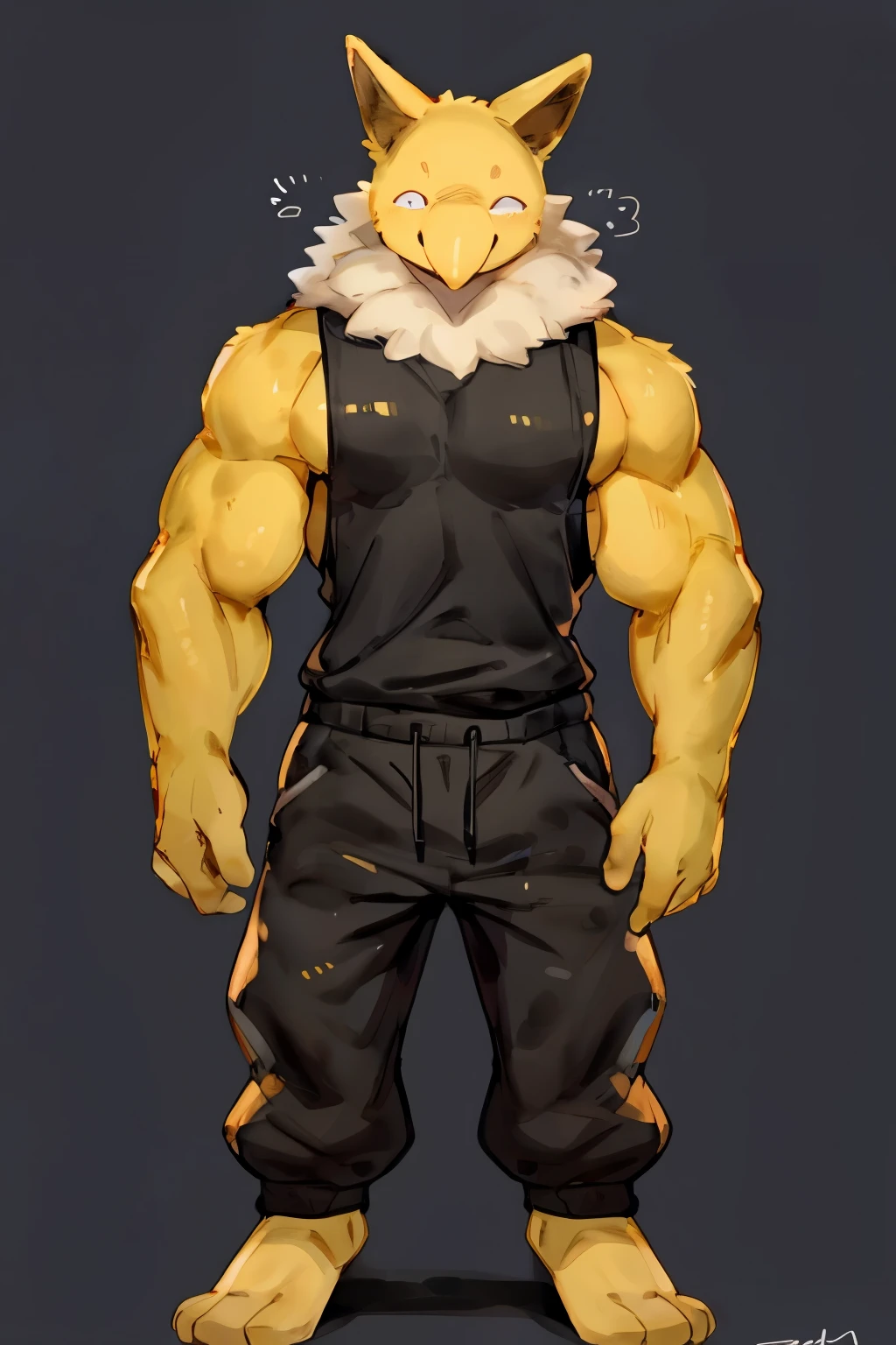 Furry, Anthro, solo, Hypno, Male, (((muscular body, massive male pectorals, wide-eyed, smirking, yellow skin, fluffy neck, wearing white fur around neck))), ((((massive biceps, head tilted, arms outstretched)))), ((((((massive bulky torso, happy, wearing black full male tanktop, wearing black sweatpants, barefoot)))))), upper body, black/yellow spraypainted background, by buta99, by zackary911, by bebebebebe, (((digital painting)))