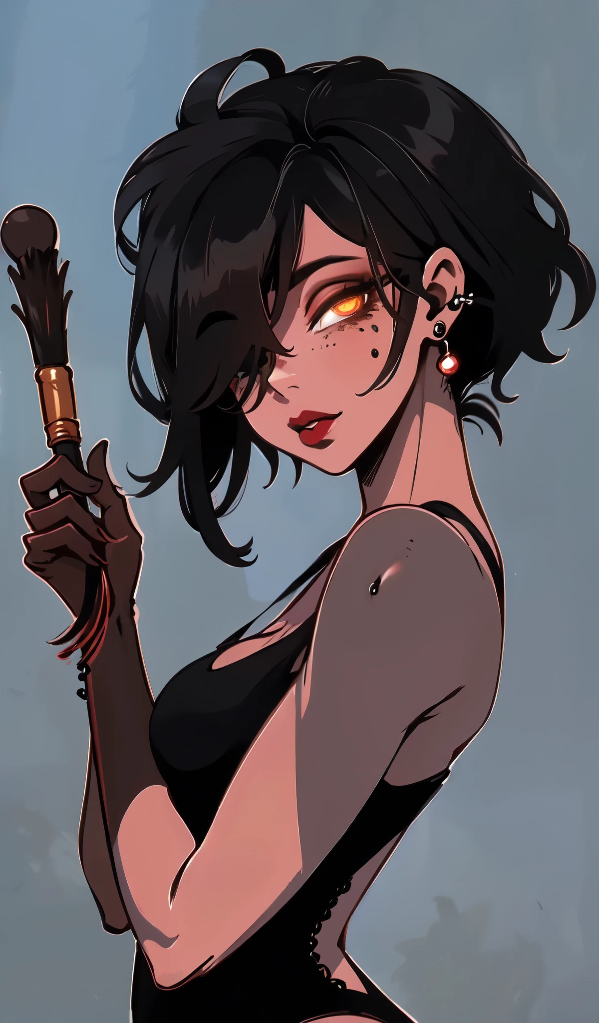 a woman, alone, looking at the viewer, short hair, brown hair, simple background, black hair, a man, original, holding, jewelry, arm, toys, lips entreabertos, gray background, hair over one eye, holding arm, lips, blood, makeup, tattoo, current, lipstick, piercing, portrait, ear piercing, freckles, blood no rosto, lips vermelhos, over the shoulder, tattoo no ombro, baseball bat, arm over the shoulder, blood na arm, lip piercing 