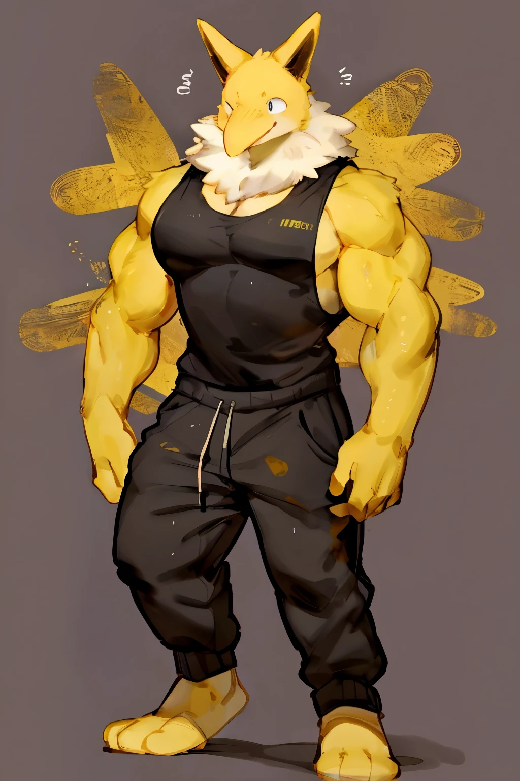 Furry, Anthro, solo, Hypno, Male, (((muscular body, massive male pectorals, wide-eyed, shocked, smirking, yellow skin, fluffy neck, wearing white fur around neck))), ((((massive biceps, head tilted, arms outstretched)))), ((((((massive bulky torso, happy, wearing black full male tanktop, wearing black sweatpants, barefoot)))))), upper body, black/yellow spraypainted background, by buta99, by zackary911, by bebebebebe, (((digital painting)))