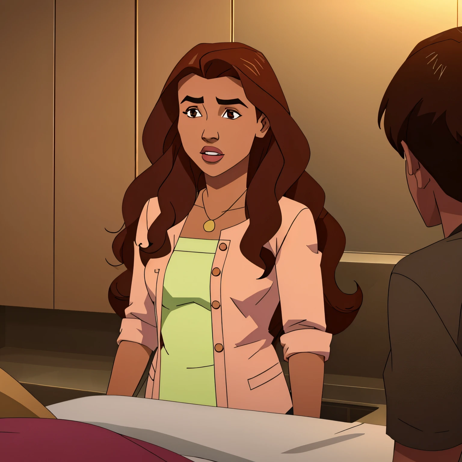 A teenage girl with long wavy copper brown hair, tanned skin and brown eyes