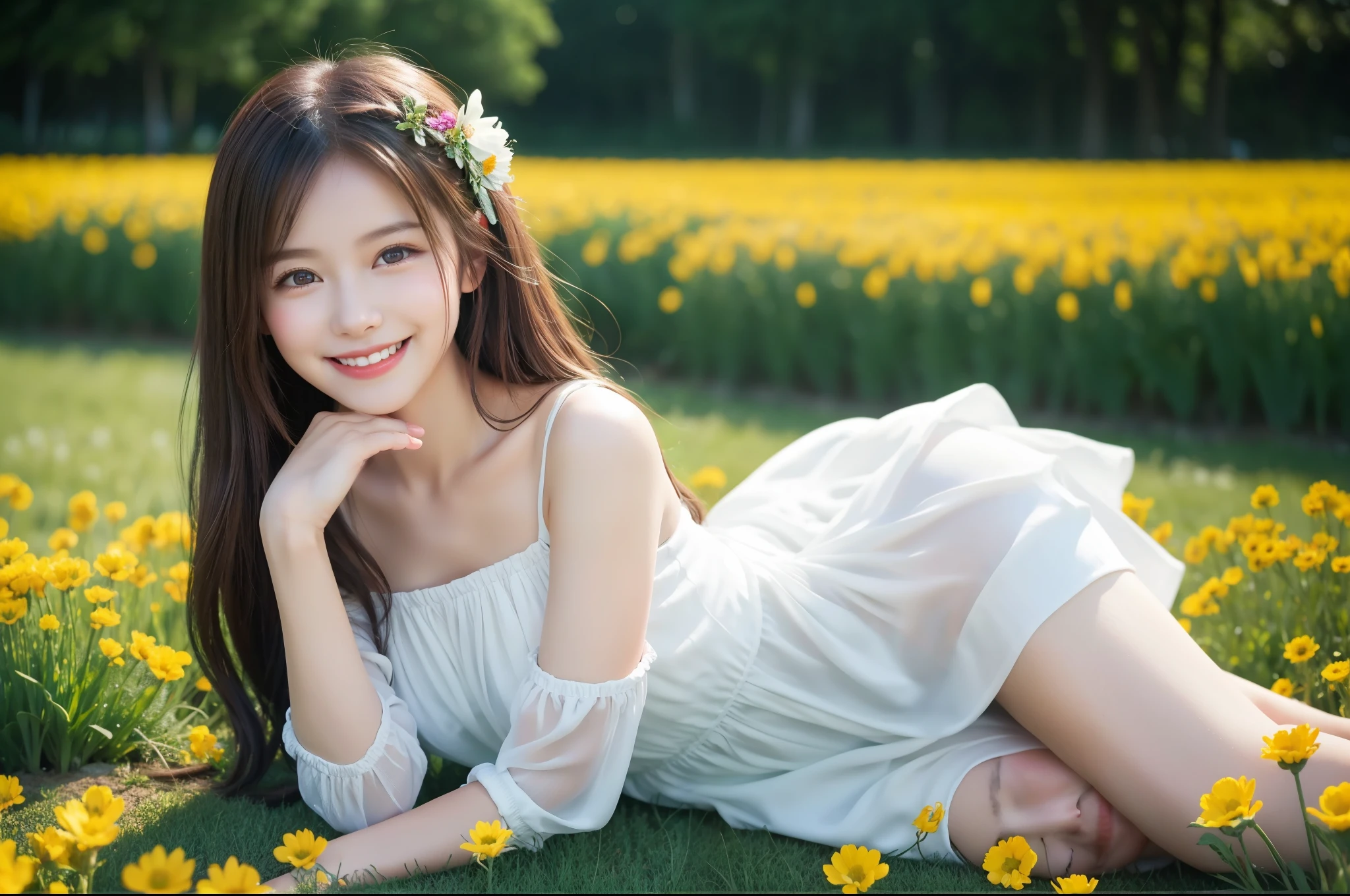 a lot of details, (underweight), 30 years old, detailed black hair, beautiful detailed hair, super fucking beautiful, delicate beautiful face, complex details beautiful and delicate eyes, perfect hands, (flat chest best quality:1.5), perfect and delicate limbs, detailed skin, best quality, ultra-detailed,(cheerful grin:1.5), field of flowers, female, elf, cute creatures, legs spread, squatting, long hair, dress, in the field of flowers, cowboy shot, low angle shot