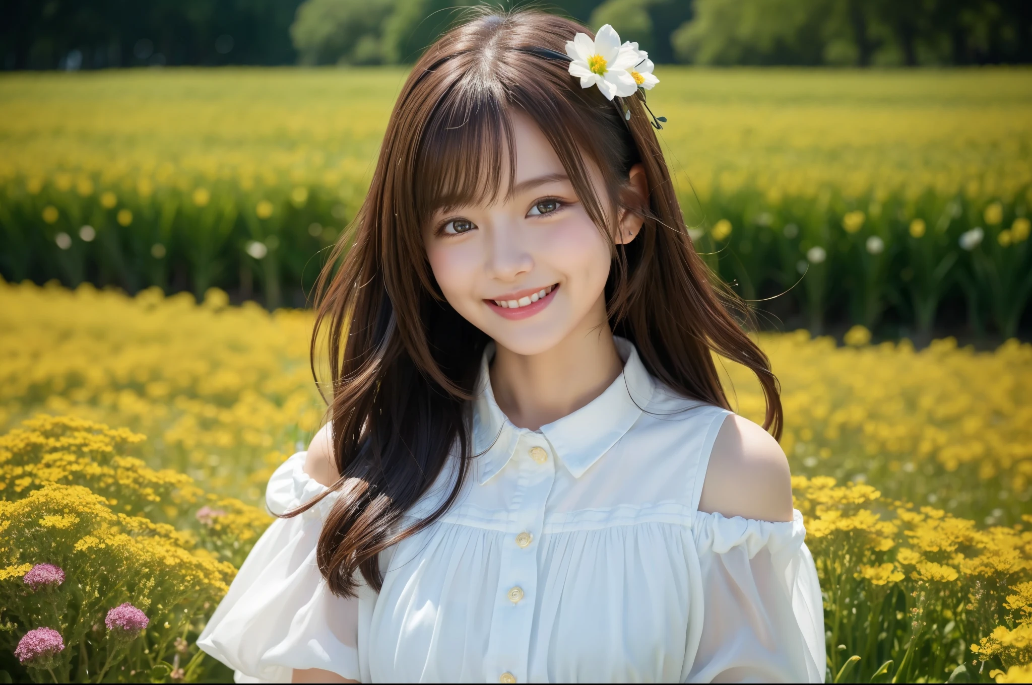 Masterpiece, Top Quality, Raw Photo, Front, Beautiful Girl, (Delicate Beautiful Girl), (15 Years Old), (White Spring Clothes), Brown Eyes, With Bangs, Hair Fluttering In Wind, Pale, (Immaculate), Light Makeup, Embarrassed Smile, (Cute Face), Glowing Cheeks, ( Light On Cheeks), Flower Garden, Relax, Natural Light, Innocent Girl, Delicate Face, White Flower, Windy Garden