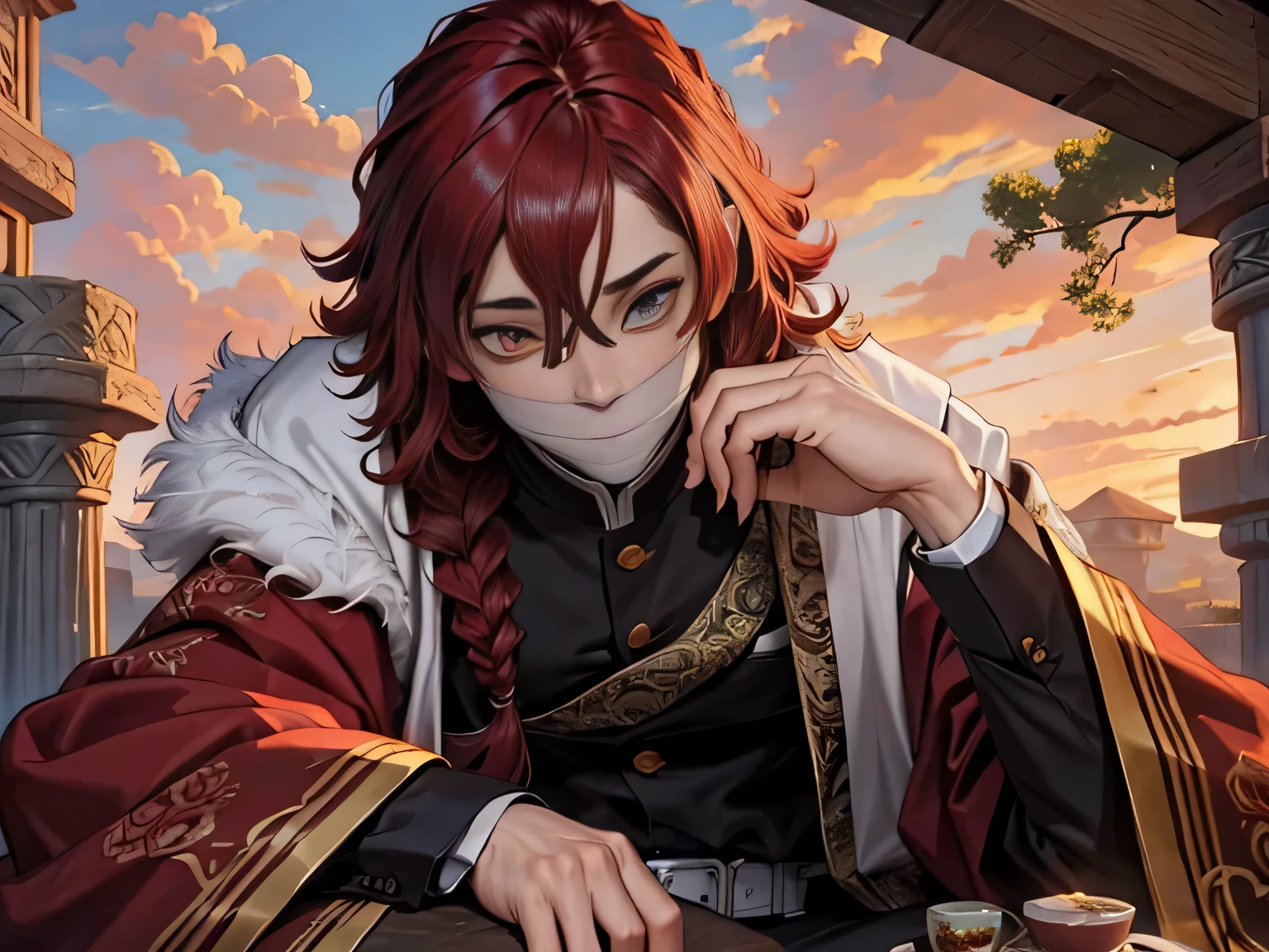 a male character ,character with the appearance of a man , with red hair ,your hair has many shades of red , your skin is white in color ,your eyes are red , cute red eye ,has 1,77 tall ,your hair and beautiful hair is braided , he is looking at a reddish sunset , His clothes have red peacock feathers and some red fox fur too,your hair is curly , with several very beautiful braids and they have different shades of red 