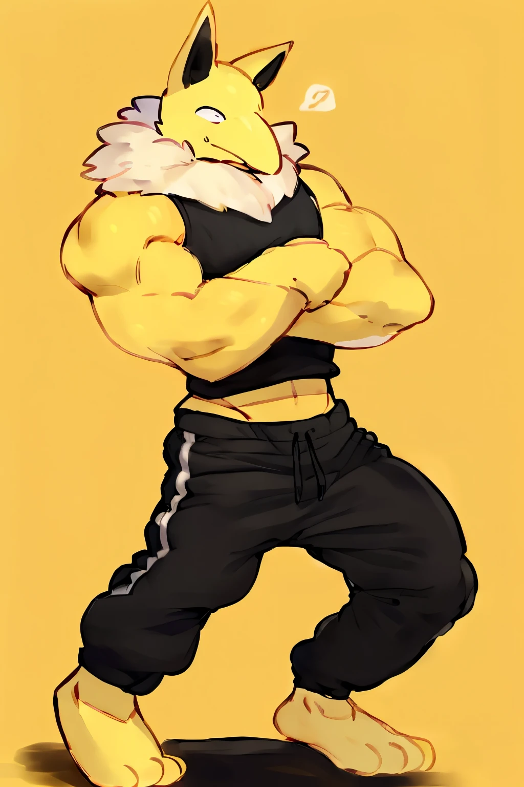 Furry, Anthro, solo, Hypno, Male, (((muscular body, massive male pectorals, wide-eyed, smirking, yellow skin, fluffy neck, wearing white fur around neck))), ((((massive biceps, head tilted, arms up in air, standing on one leg, shocked, happy)))), ((((((massive bulky torso, wearing black full male tanktop, wearing black sweatpants, barefoot)))))), upper body, black/yellow spraypainted background, by buta99, by zackary911, by bebebebebe, (((digital painting)))