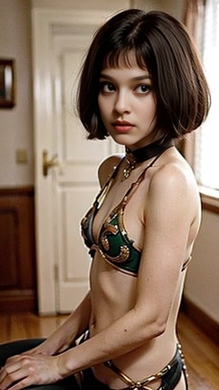 Prompt: score_9, score_8_up, score_7_up, source_real, rating_explicit, uncensored, photorealistic, masterpiece, best quality, 8k, very detailed, Matilda, ta, Natalie Portman, short hair with bangs, Face of pleasure, face, 16 years, ((((slave leia outfit, slavekini)))), ((flat breasts, tomboy girl, small head)), daylight, sunlight, (perfect body: 1.1), (), (short stright hair: 1.2), black choker, full body photo, thin thighs, (extremely detailed 8k CG wallpaper), (an extremely delicate masterpiece), (best quality: 1.0), (ultra high resolution: 1.0), beautiful lighting, perfect lightning, realistic shadows, [high resolution], detailed and ultra-detailed skin, (((color))), polka dots, perfect angle, confused expression, lost. Small waist, perfect hands perfect fingers perfect breasts perfect face perfect body perfect image, hentai, taboo, fetish, Ecchi,