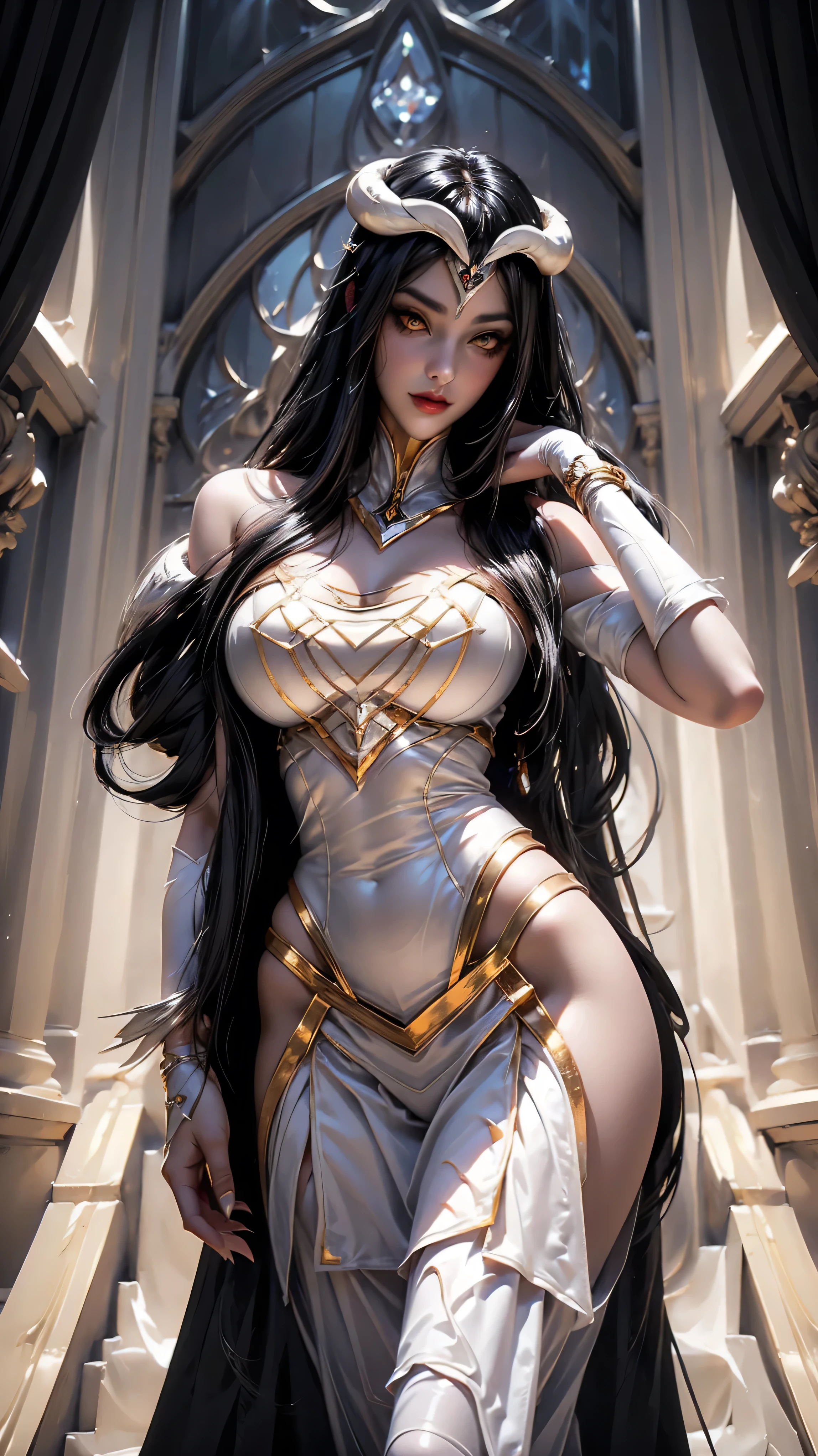 A (super realistic) beautiful sexy woman(albedo _overlord) with perfect eyes(orange eyes, finnest detailing possibleand both eyes in same direction) and white attire(detailed) with gold jewellery on breast, beautiful slim body, black long beautiful hair, glossy red sexy lips, hyper detailed black wings (every thing with best detailing), making a perfect sexy eyes contact.