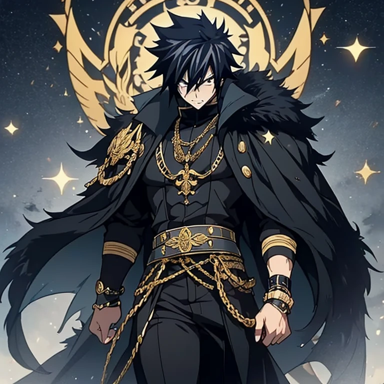 A (((mighty gray Fullbuster))), dressed in an elegant, ((black military attire)) with intricate details, ((gold accents)), sporting a classic Pickelhaube helmet((black helm with gold accents)) and ( (black steel toe boots)), accessorizing with a ((sharp black metal bracelet)) and a luxurious (fur-trimmed cape) slung over his shoulders, exuding a serious demeanor as he walks through a picturesque (Germanic town ).(solo man)