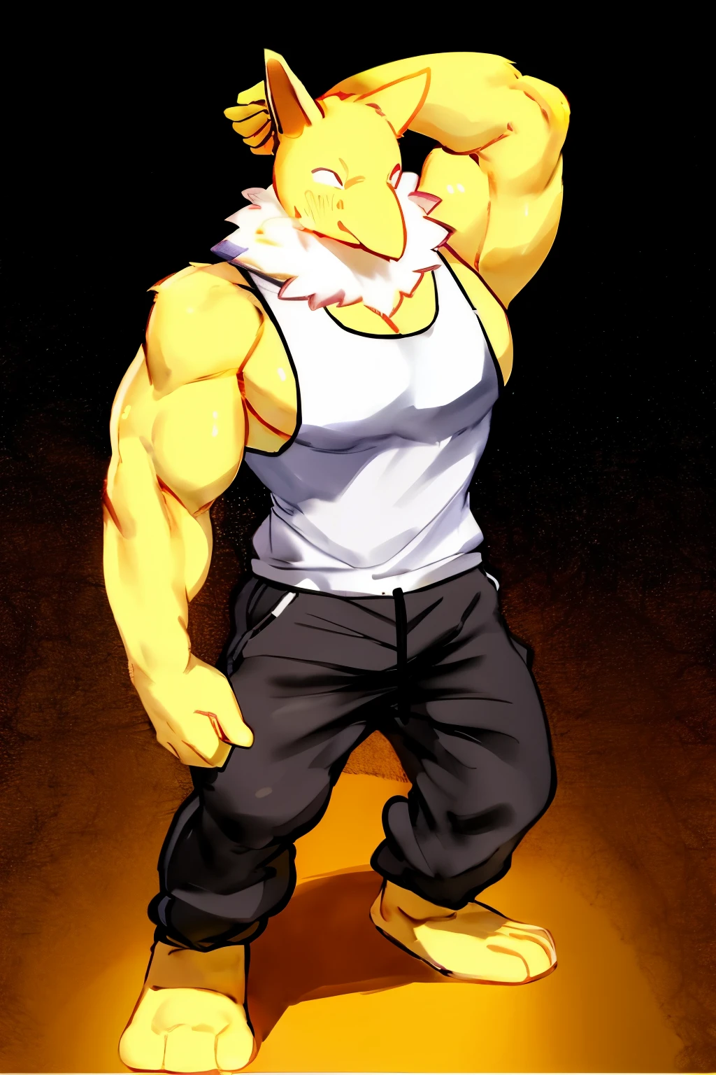 Furry, Anthro, solo, Hypno, Male, (((muscular body, massive male pectorals, wide-eyed, smirking, yellow skin, fluffy neck, wearing white fur around neck))), ((((massive biceps, head tilted, arms behind head, shocked, happy)))), ((((((massive bulky torso, wearing black full male tanktop, wearing black sweatpants, barefoot)))))), upper body, black/yellow spraypainted background, by buta99, by zackary911, by bebebebebe, (((digital painting)))