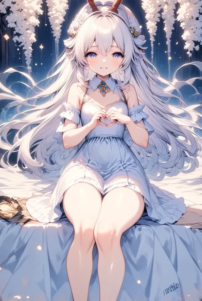 ((Highest quality)), ((masterpiece)), ((detailed)), 1, ghost girl, 独奏, , pale skin, silver hair, long hair, flat chest, sundress, heterochromia, yellow eye, darkpurple eye, (sad), sad smile, toes are transparent, face focus