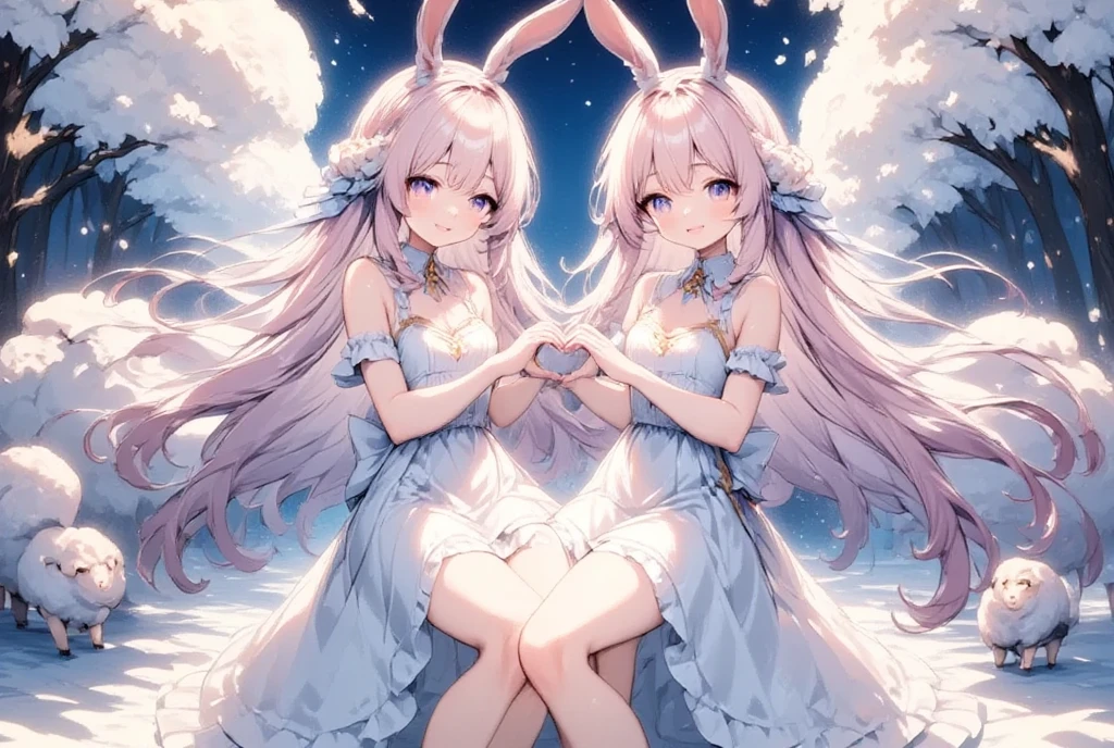 2girls, Sheep, Bunny Ear Guardian, best quality, amazing quality, aesthetic, rating:general, heart hands duo, one eye closed, symmetrical docking, breast press, false smile, sparkle, heart, inset border, cropped torso,