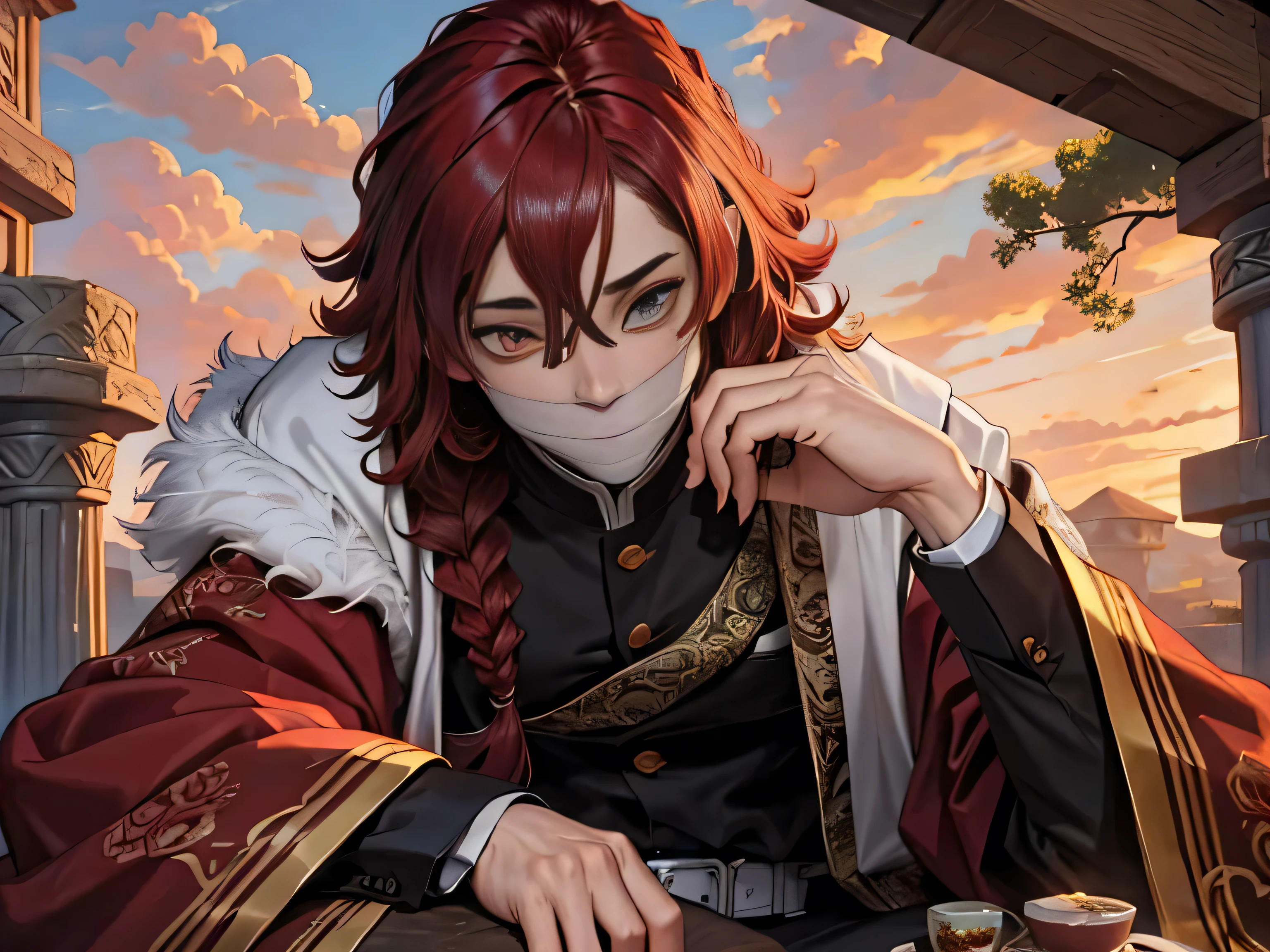 a male character ,character with the appearance of a man , with red hair ,your hair has many shades of red , your skin is white in color ,your eyes are red , cute red eye ,has 1,77 tall ,your hair and beautiful hair is braided , he is looking at a reddish sunset , His clothes have red peacock feathers and some red fox fur too,your hair is curly , with several very beautiful braids and they have different shades of red 