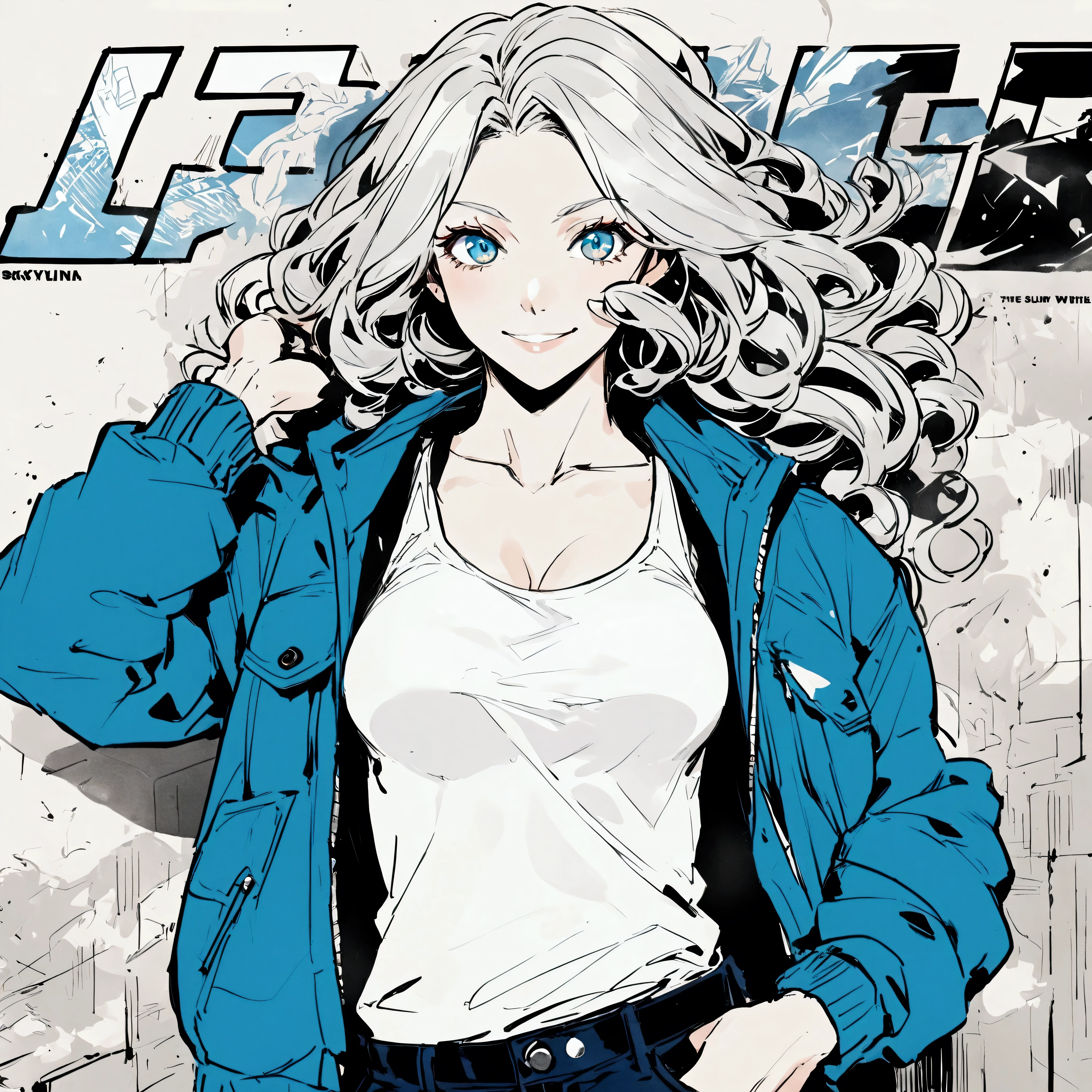 Skylina,18 young woman with long curly silver white hair, turquoise blue eyes, athletic build, muscular,casual streetwear style, she wearing red top tank, blue jacket , slim jeans,she smile, turquoise eyes,comics style, sketch, Manga Cover 