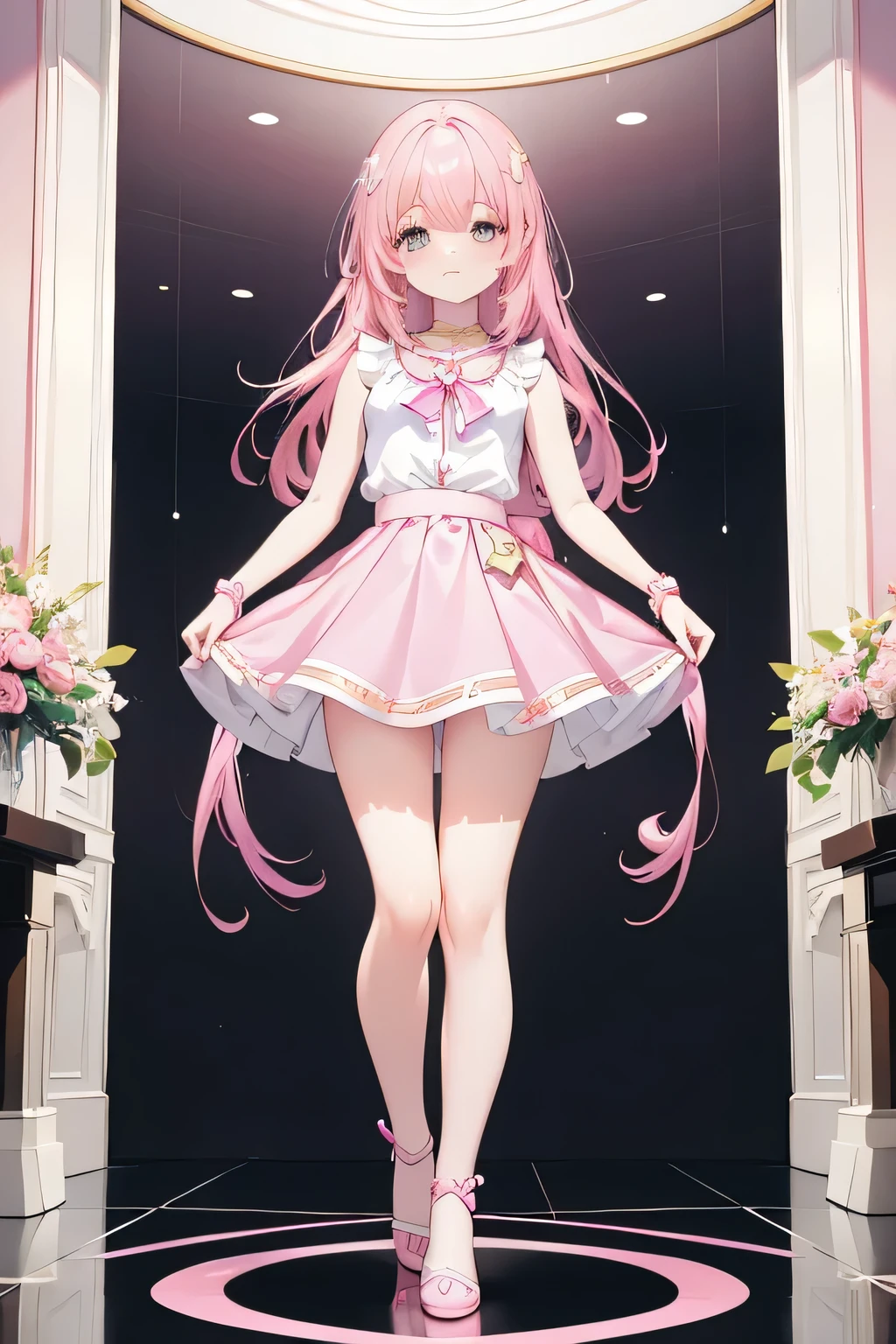 Magical girl standing on a mirror floor,
highest quality, masterpiece, High resolution, Very detailed, Fine skin, Complex eyes, Accurate and perfect anatomy,
beautiful girl, Pink Hair,
Sleeveless outfit(Pink mini skirt, White blouse), Bare thighs, Barely sandal-like shoes,
The floor reflects light like a mirror, open space, like outdoors