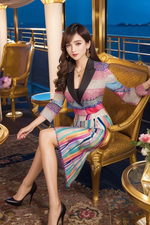 Geometric print blazer jacket、(Colorful Silk Blouse)、(Geometric midi skirt:1.3)、(Silk Pantyhose、High heels)、Super delicate face、Ultra-detailed eyes and face、double eyelid、Glossy Lips、1 girl 、You can see her beautiful skirt, legs and high heels、Two well-balanced legs、Perfect body、Perfect hands、((Perfect Anatomy、Anatomically correct))、Cleavage、(She is sitting inside a luxury cruise ship with a chandelier against a beautiful night view.)、Professional Lighting、((Best Quality、Ultra-high resolution、masterpiece))、Ultra-realistic、RAW Photos