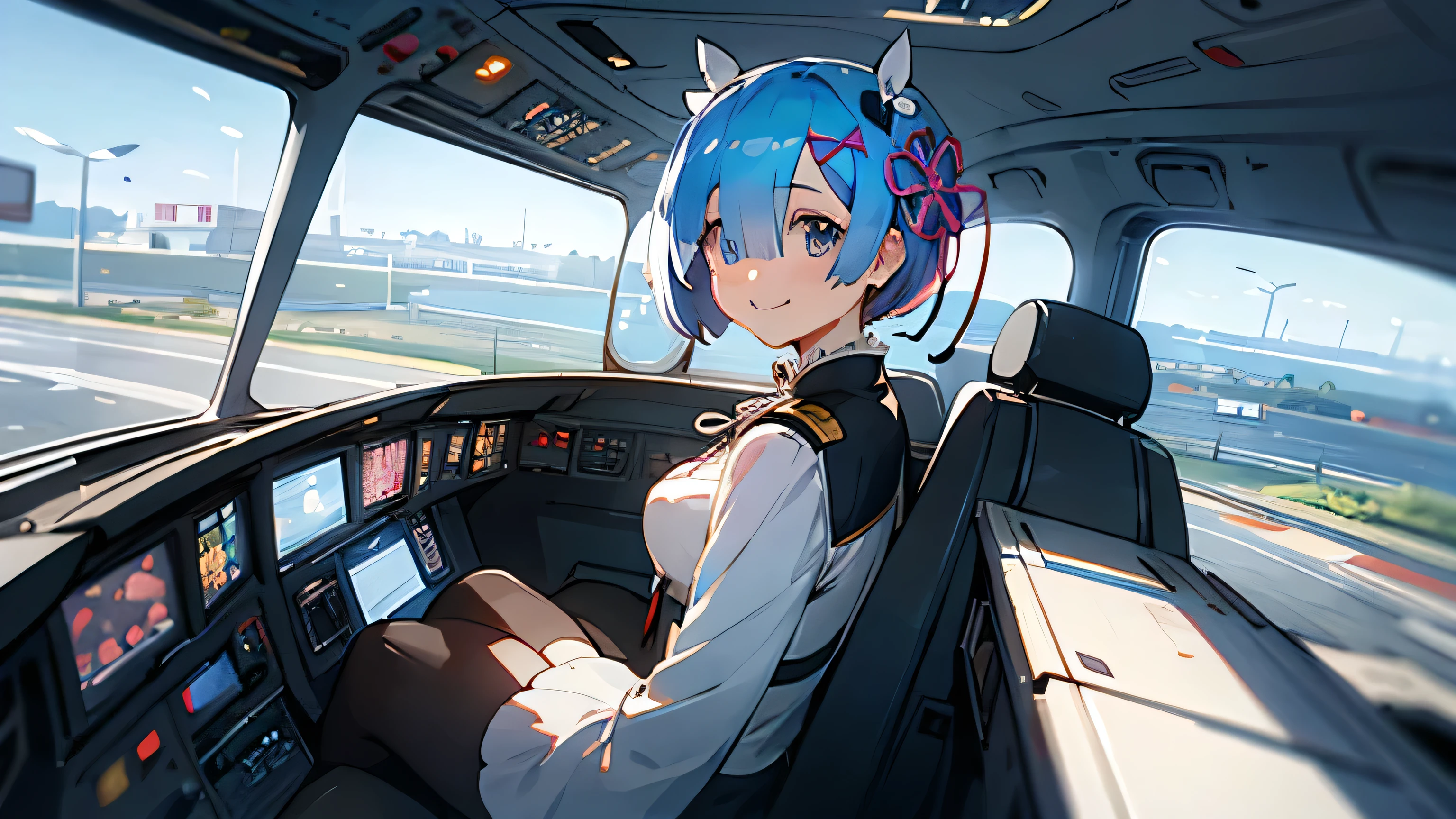 best quality, highly detailed, anime, 1girl, astronaut, pilot suit, space helmet, backpack, headset, blue hair, cockpit, seatbelt, piloting, gloves