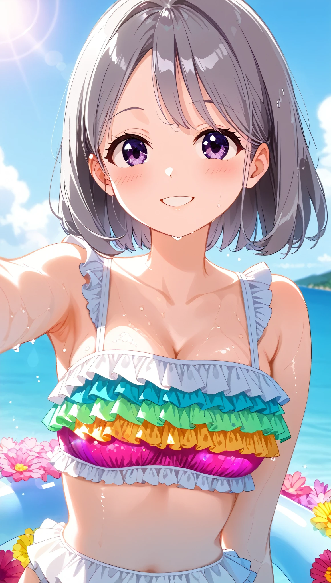 ultra-detailed,(masterpiece:1.2) , (best quality:1.2) , (ultra-detailed:1.2), 2.5D,extremely detailed,, an anime girl,dark black hairshort bob,BREAK,black eyes,BREAK,beach,pink frill bikini,smile,:d,action