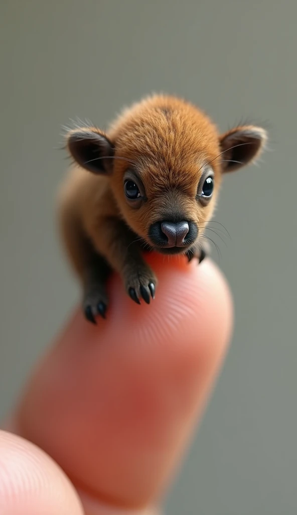 Photorealistic, 34k, A micro baby Buffalo perched on a human finger
