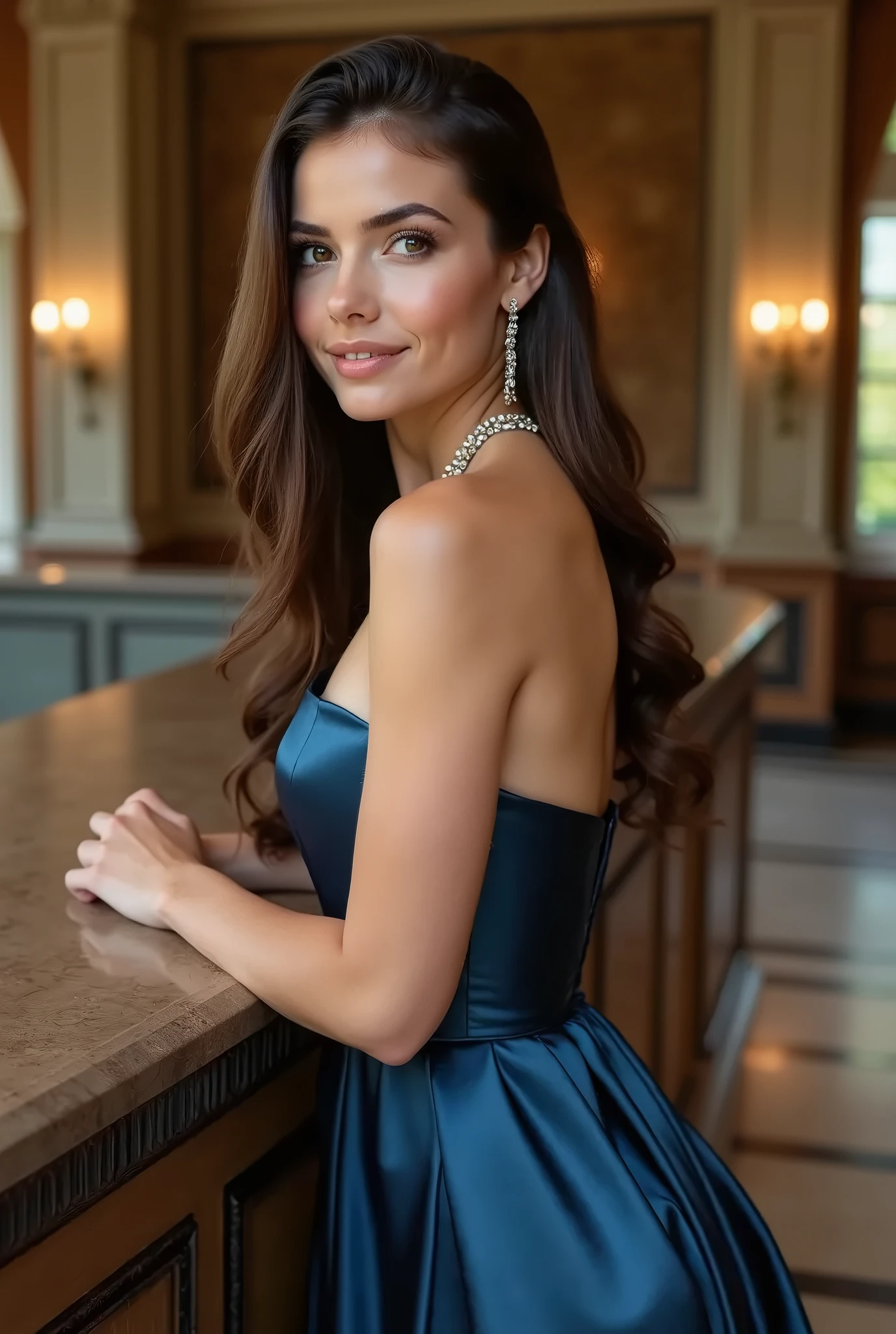  Junge Brünette Frau, wunderschöne Augen. langes braunes Haar. Kurzes Trägerkleid aus glänzendem dunkelblaues Satin, Strumpfhosen, Halskette, transparenter Lipgloss, schmales Gebäude, Hübsch, 2, Ganzkörperfoto, lange Beine, Satin-Oberteil, In einer Kirche sitzen und sich umsehen, sieht umwerfend aus. ist begeistert