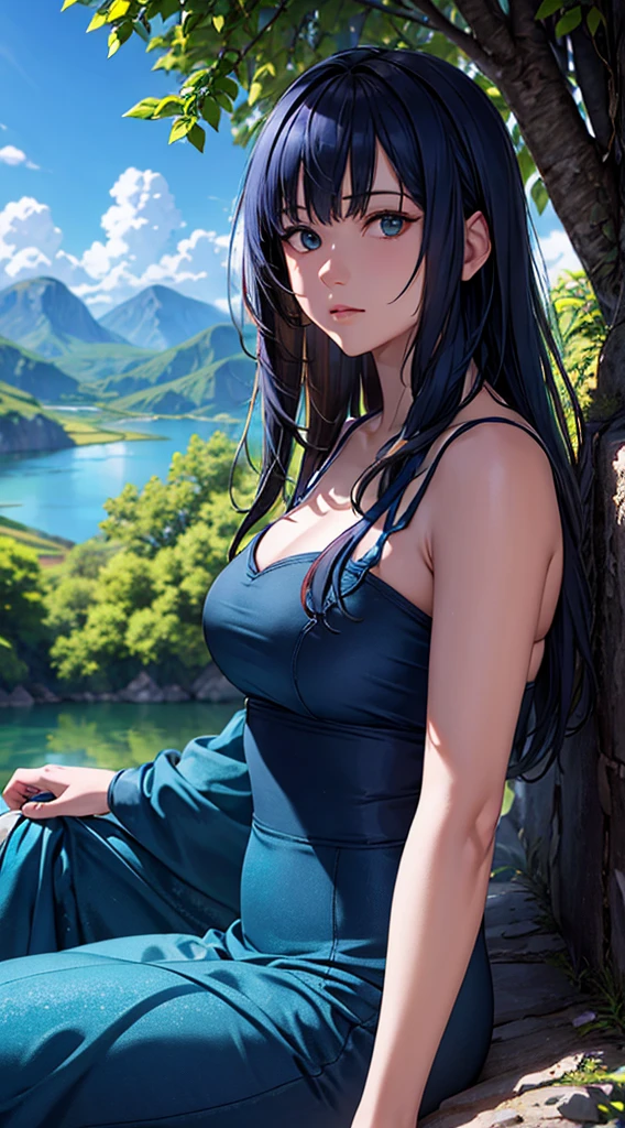 masterpiece, best quality, high quality, extremely detailed CG unity 8k wallpaper, cenáRio, outdoor, sky, cloud, is, uma ninfa das waters usando collant azul, long blue hair, mountain, landscape, water, tree, blue sky, waterfall, [cliff, nature, Lake, Rio, cloudy sky,award-winning photograph, Bokeh Effect, profundidade de campo, HDR, bloom, chromatic aberration ,photorealistic,extremely detailed, trends on ArtStation, em alta no CGSociety, intricate, high detail, dramatic, arte por midjourney